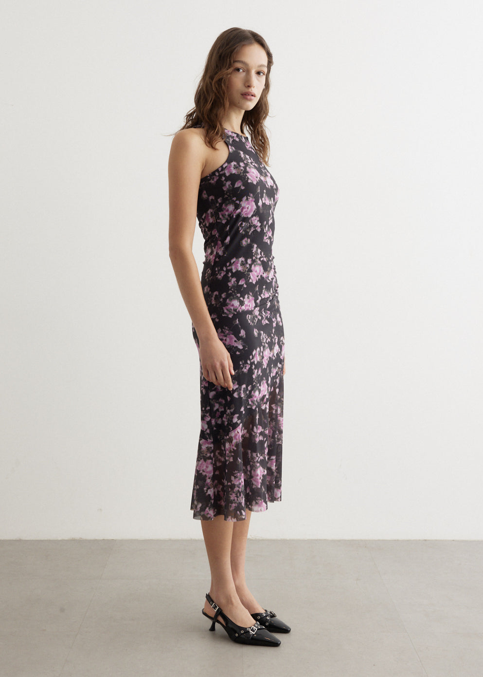 Printed Mesh Sleeveless Midi Dress