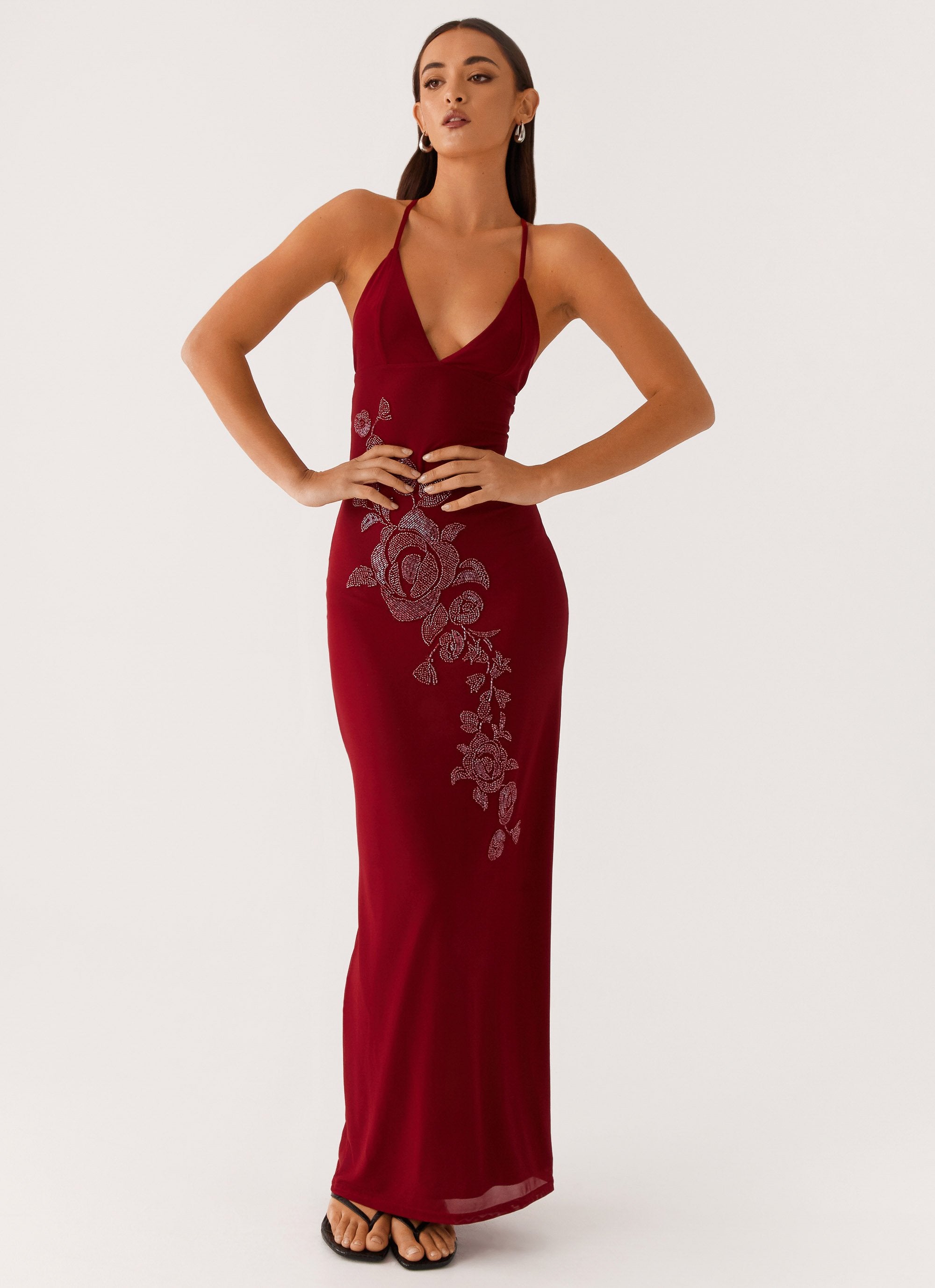 Beki Beaded Mesh Maxi Dress - Deep Red