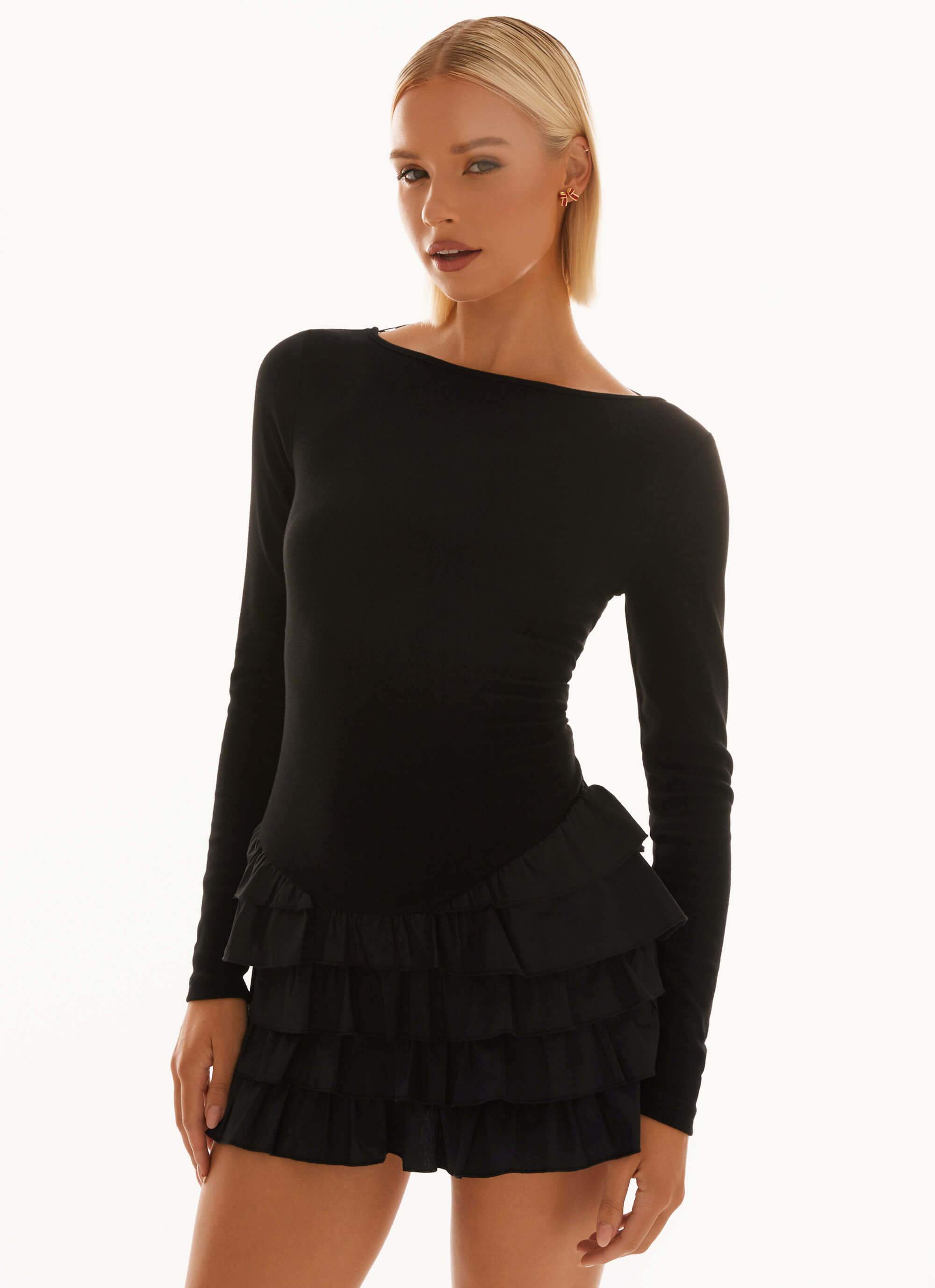 Moon Rising Long Sleeve Mini Dress - Black