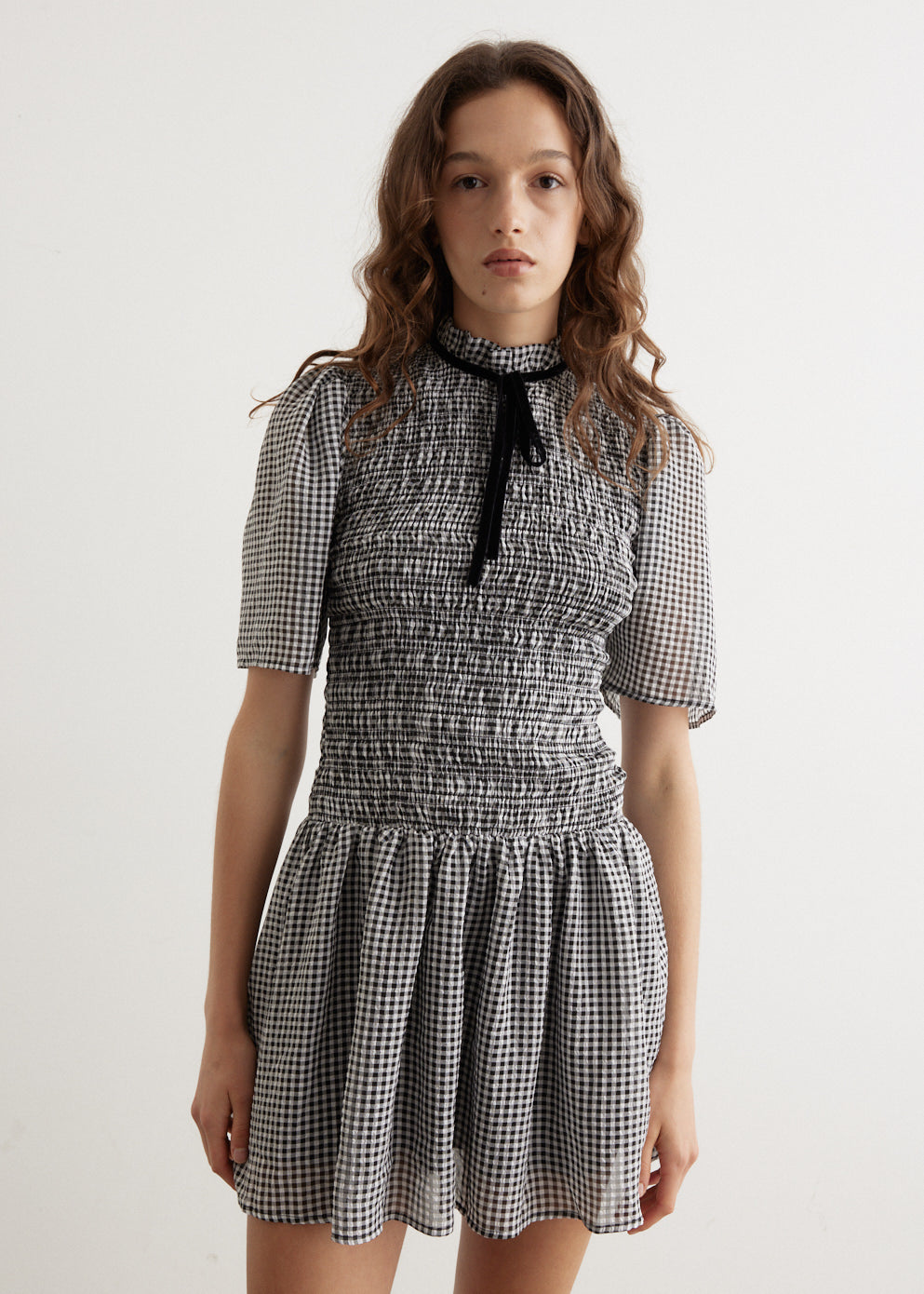 Sheer Fluid Check Mini Smock Dress