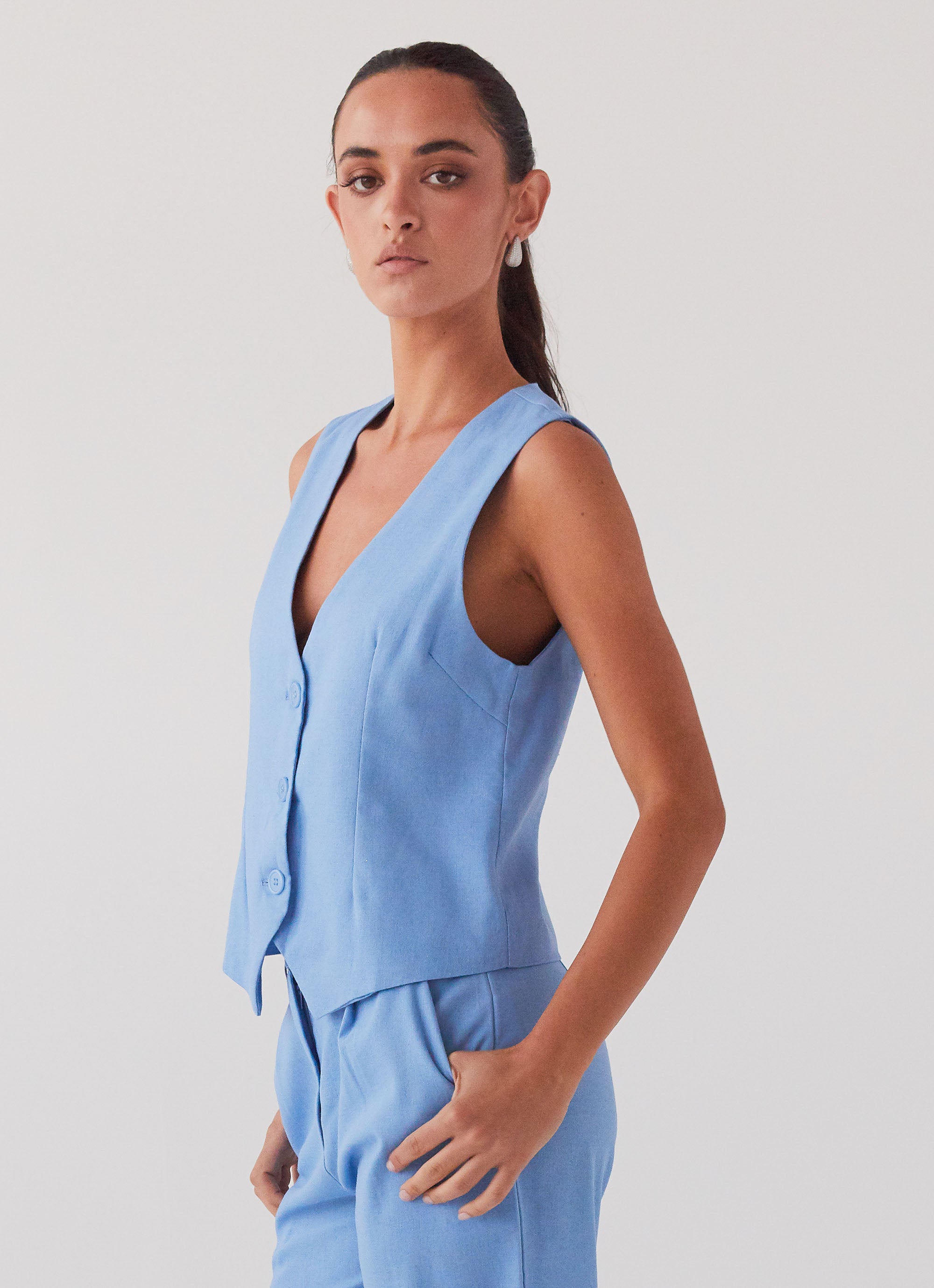 Cloud Dancer Linen Vest Top - Sea Breeze