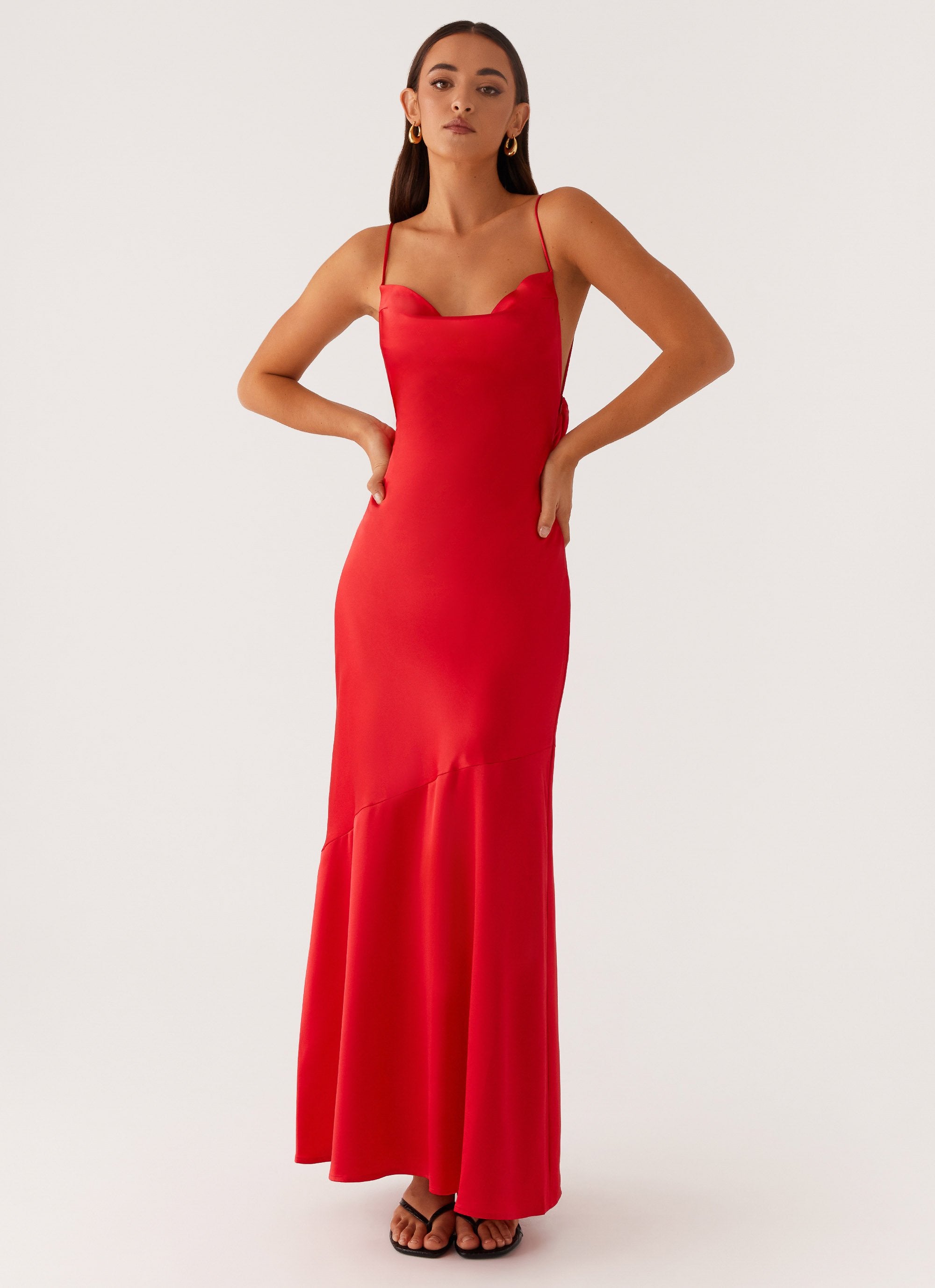 Alianna Cowl Neck Satin Maxi Dress - Red