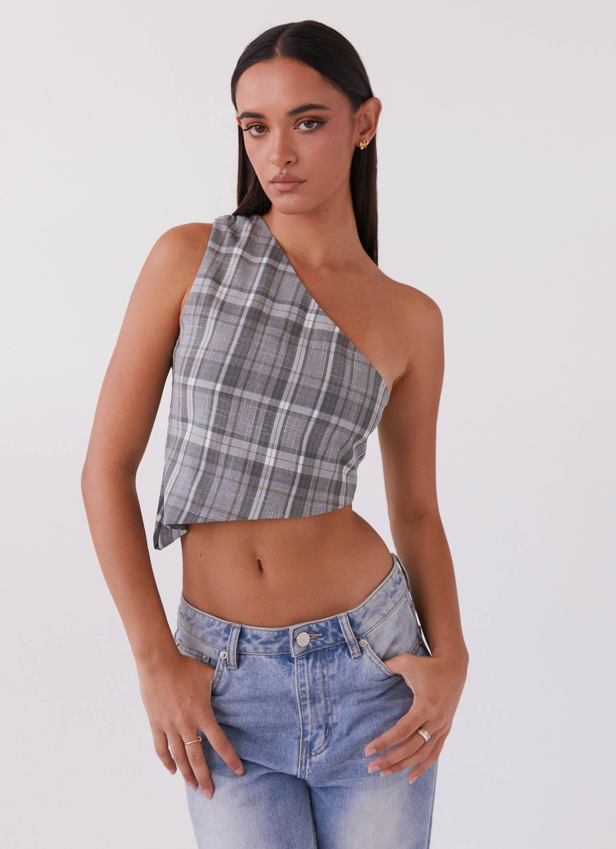 Got Me Started One Shoulder Top - Grey Plaid