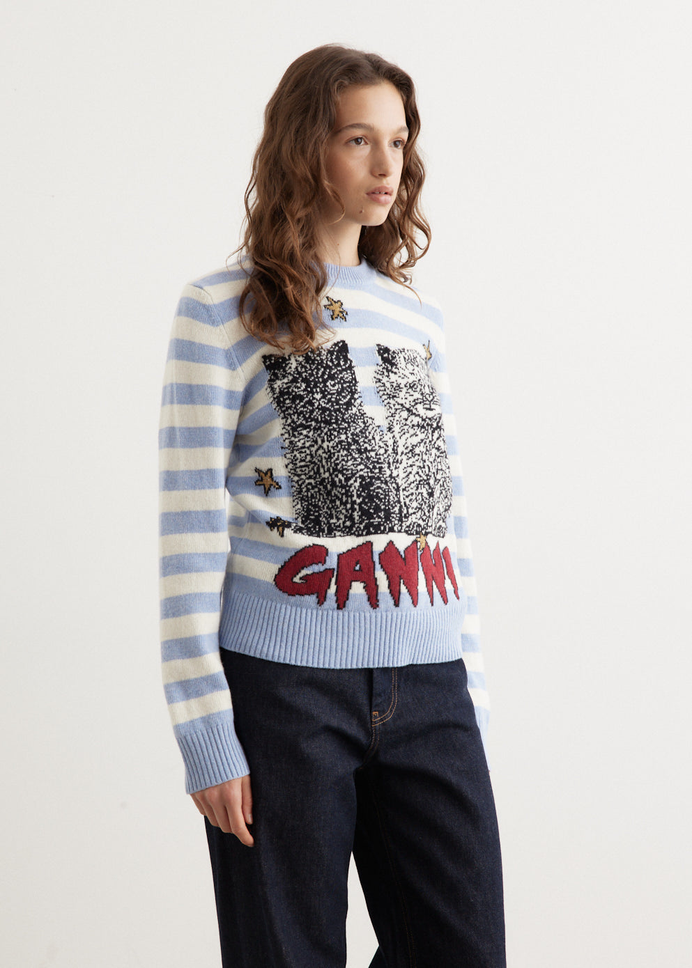 Striped Graphic Wool Mix Cats Crewneck