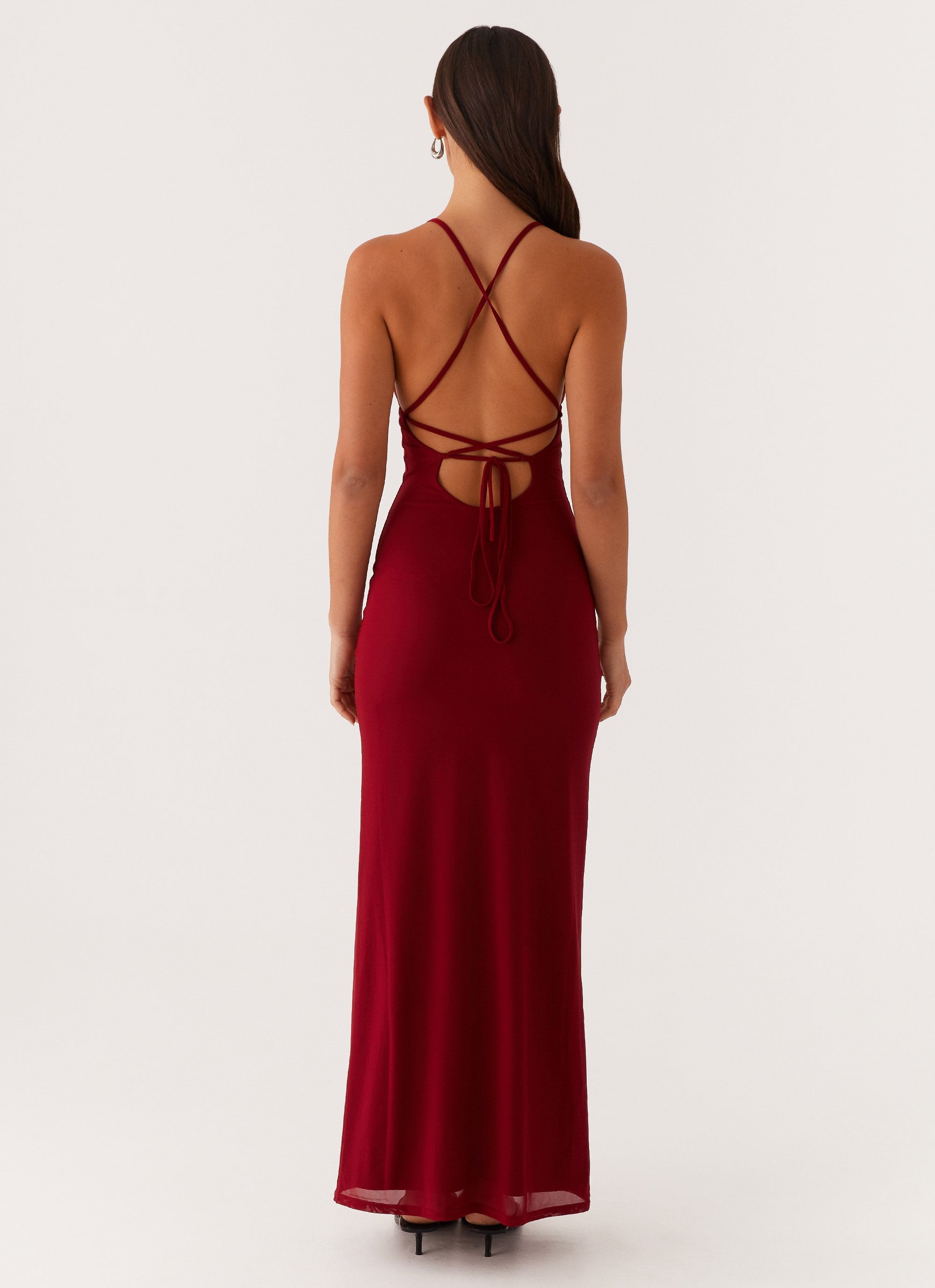 Beki Beaded Mesh Maxi Dress - Deep Red