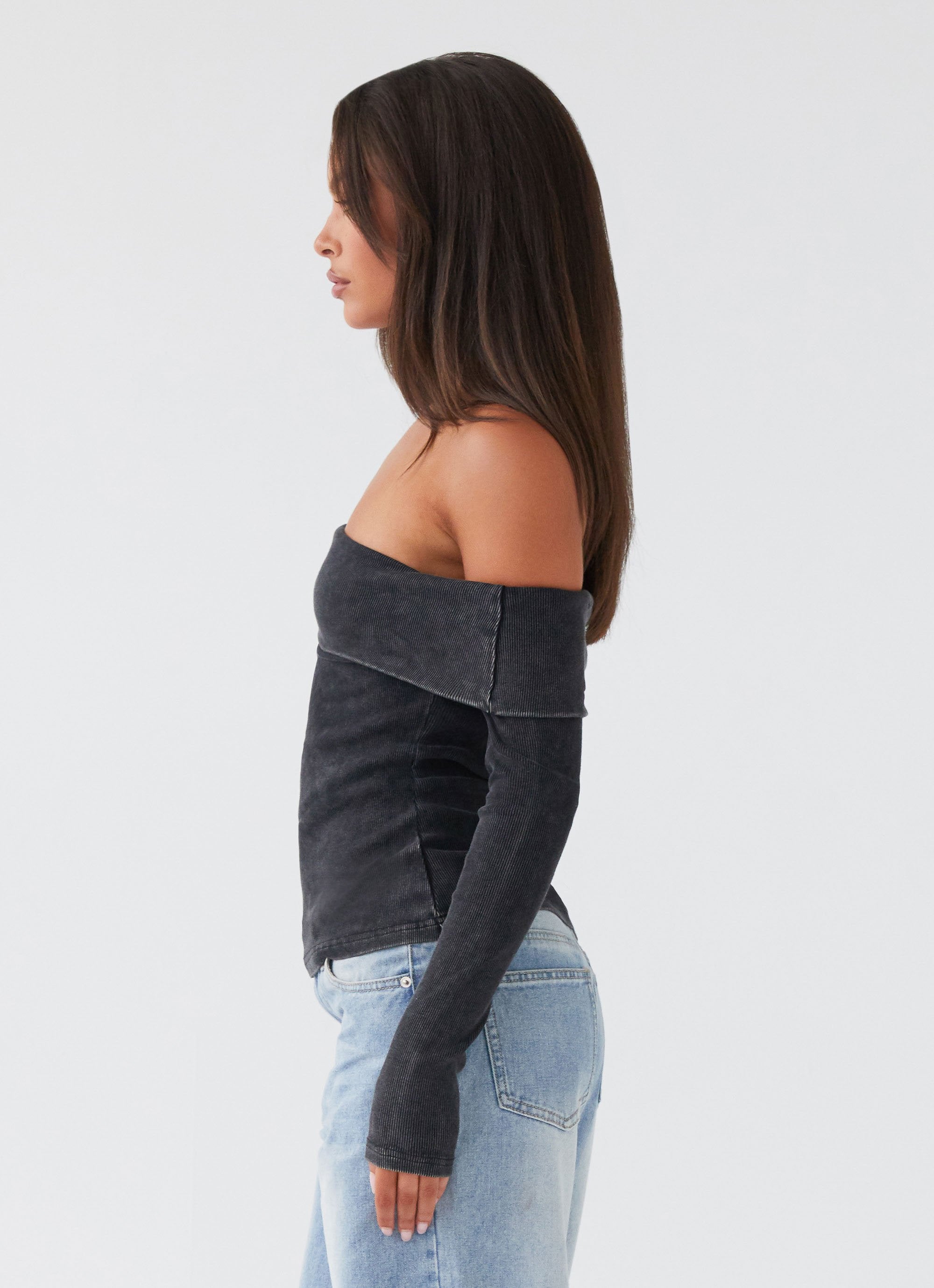 Hayley Long Sleeve Ribbed Top - Charcoal Acid Wash