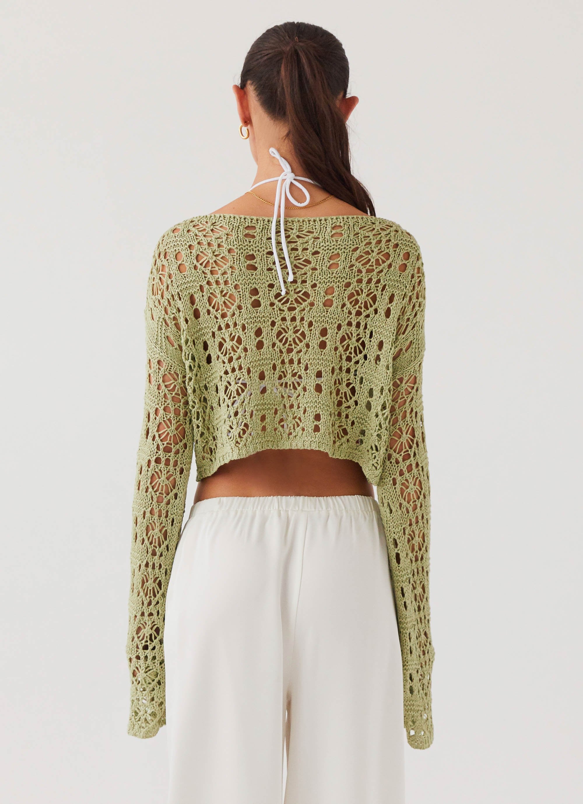 Free Mind Crochet Long Sleeve Top - Light Olive