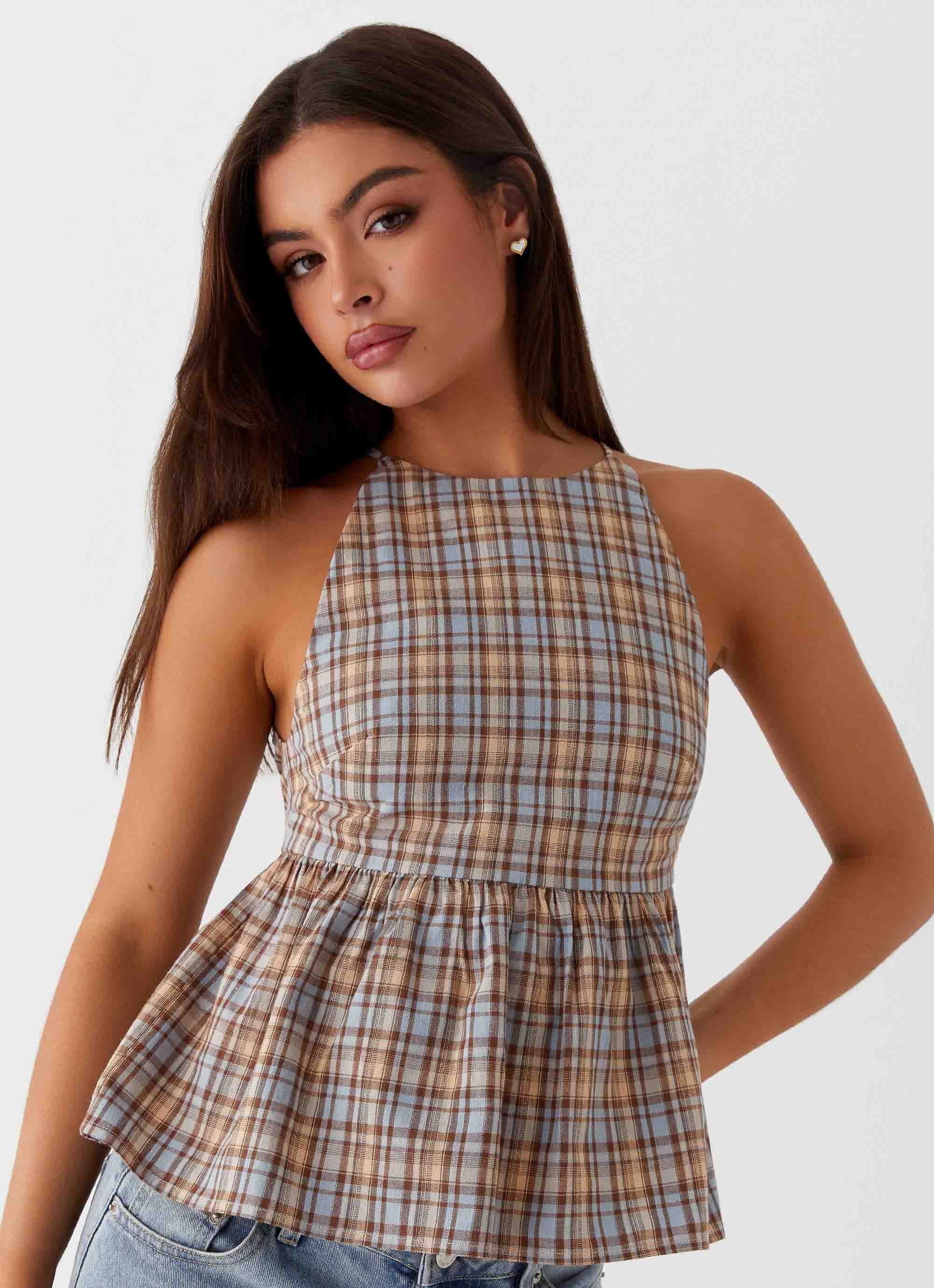 Tanith Ruffle Top - Brown Check