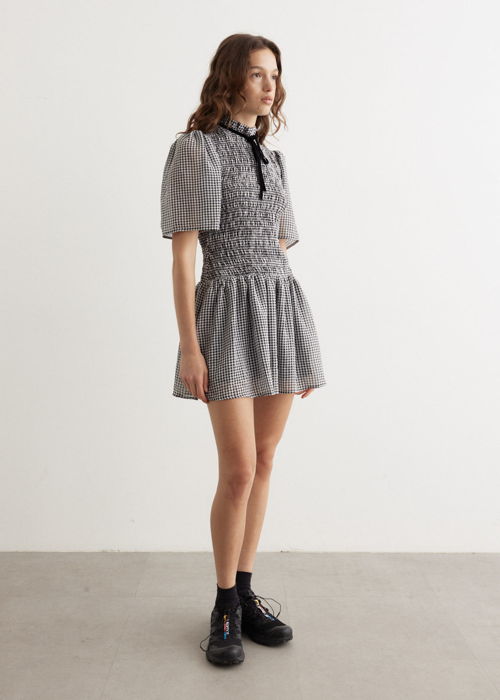 Sheer Fluid Check Mini Smock Dress