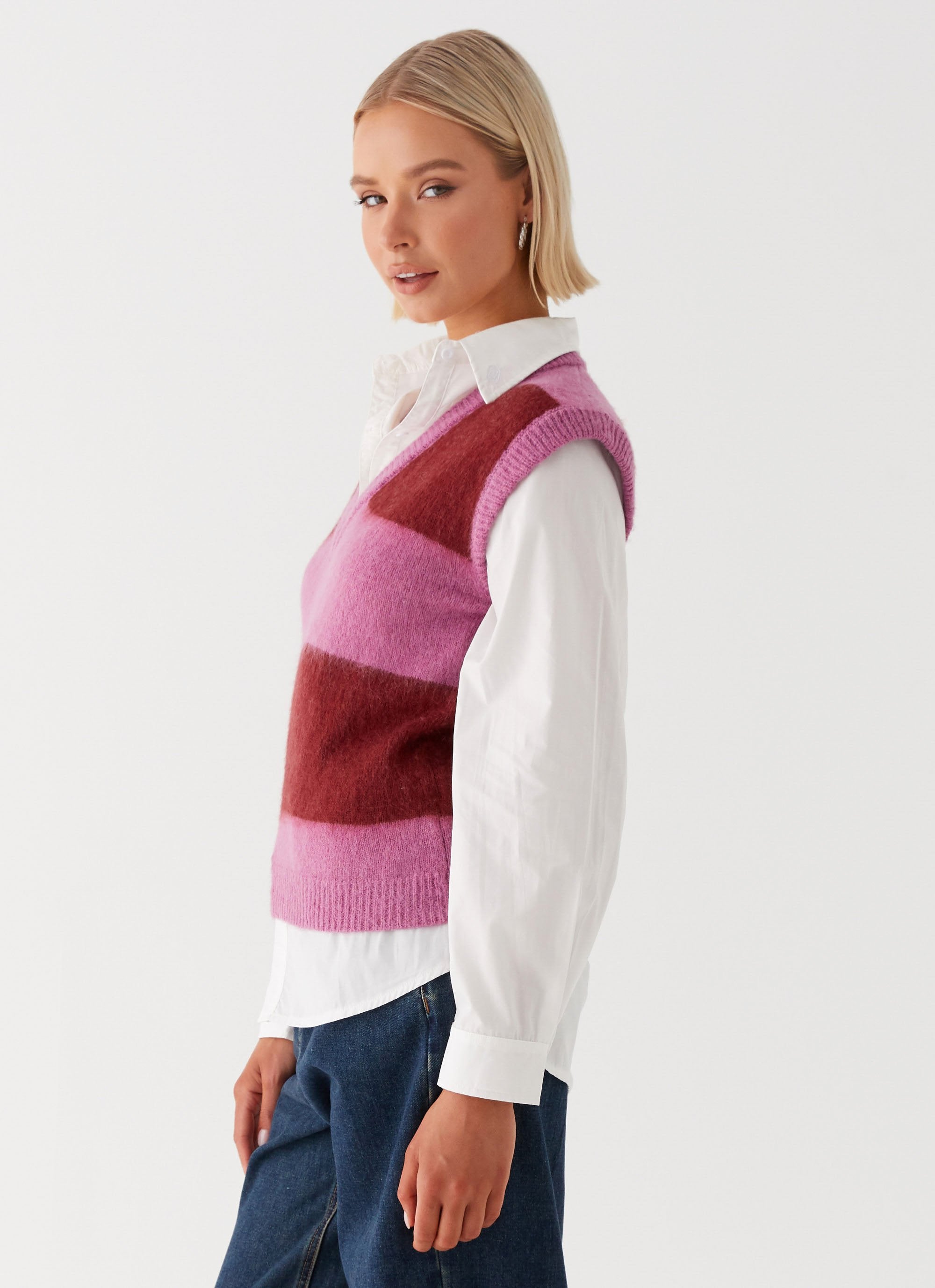 Savannah Fuzzy Knit Vest - Red Pink Stripe