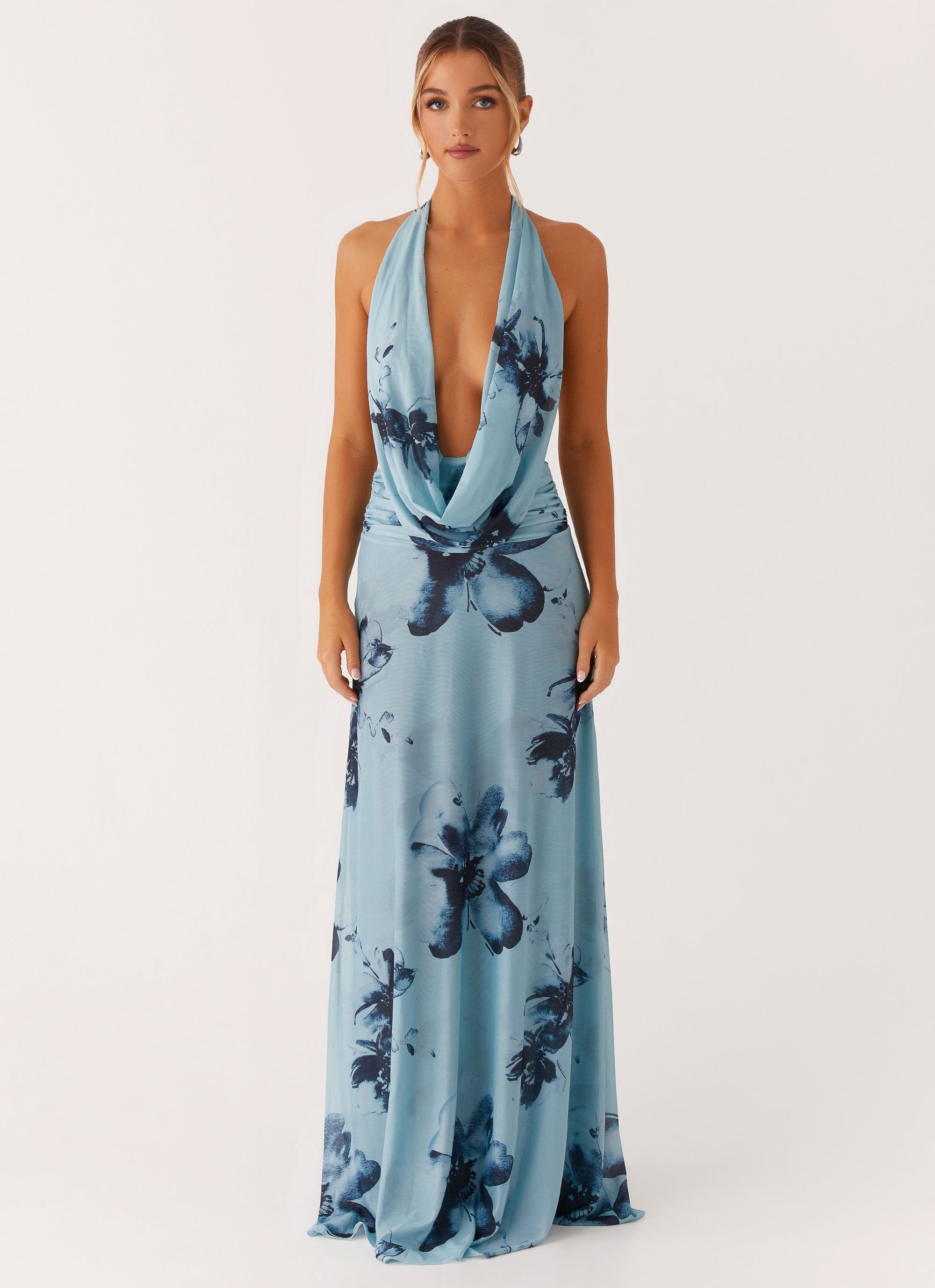 Elysia Mesh Maxi Dress - Blue Black Floral