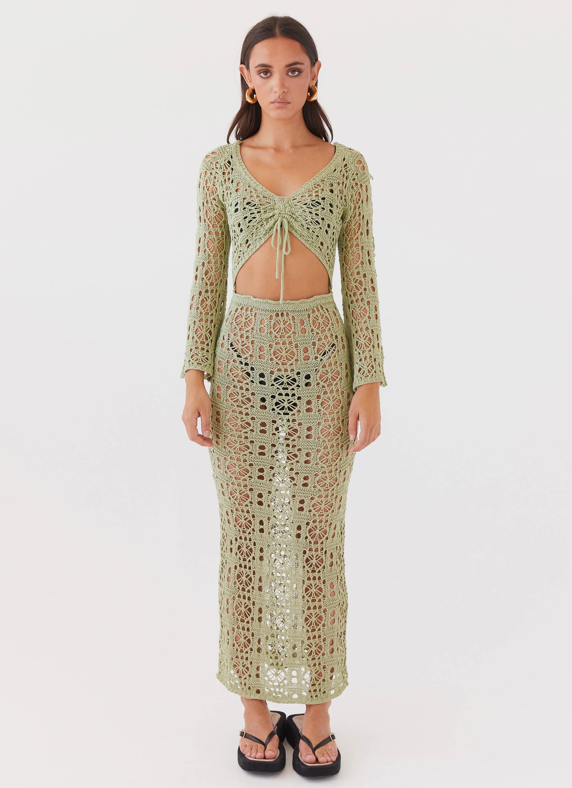 Seaside Soiree Crochet Maxi Dress - Light Olive