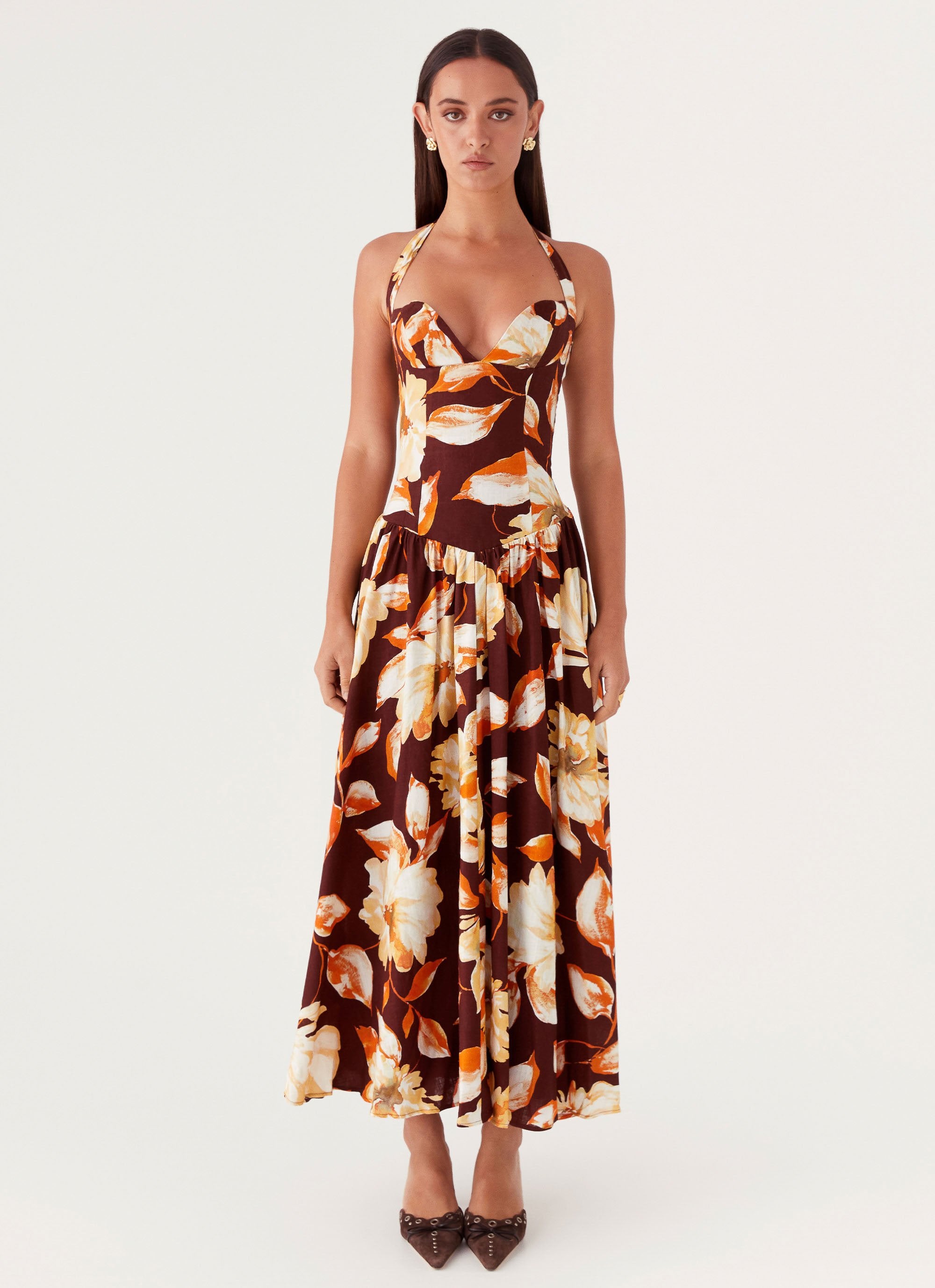 Dahlia Linen Maxi Dress - Brown Floral