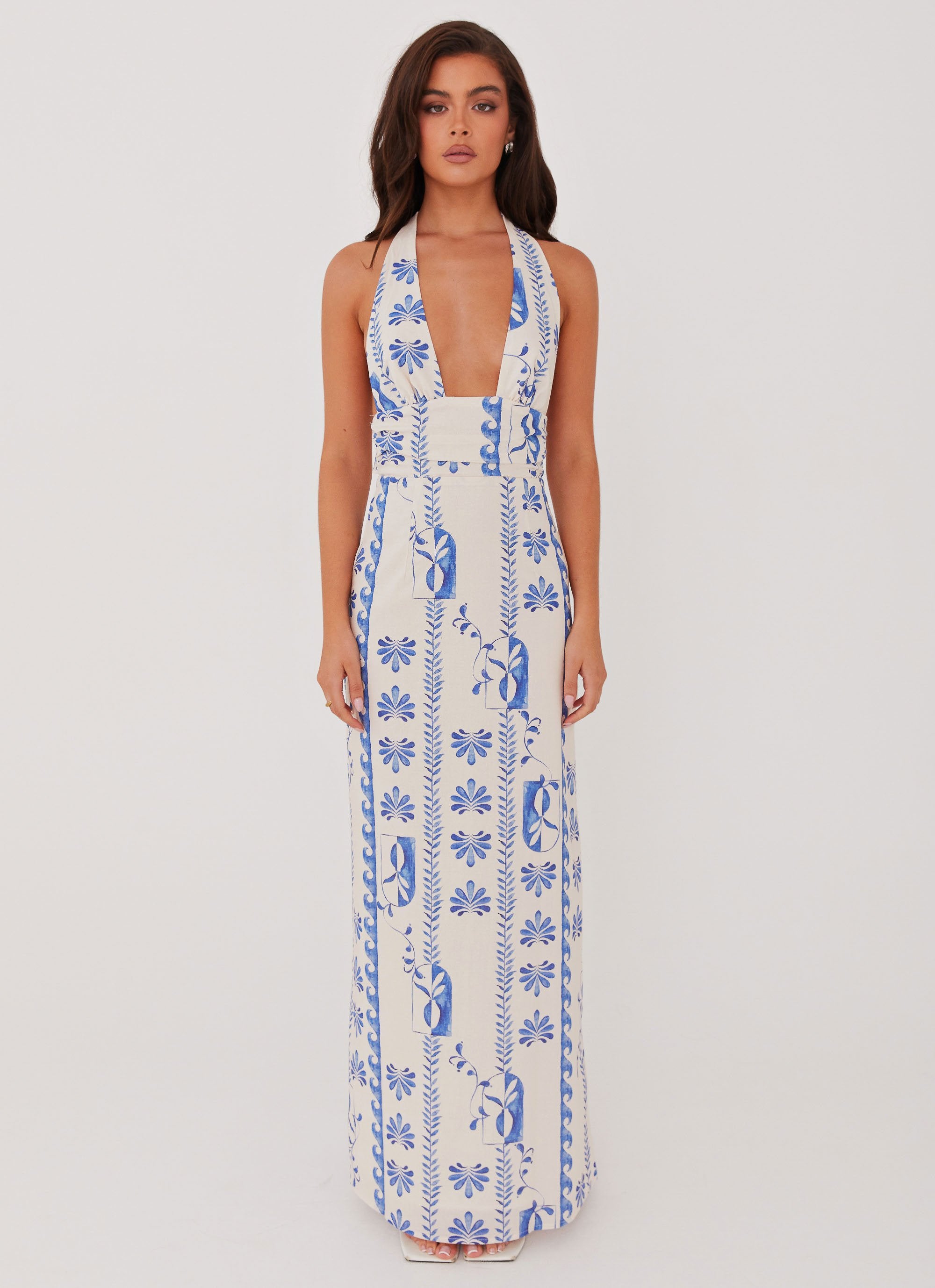 Sky Linen Maxi Dress - Floral Wave