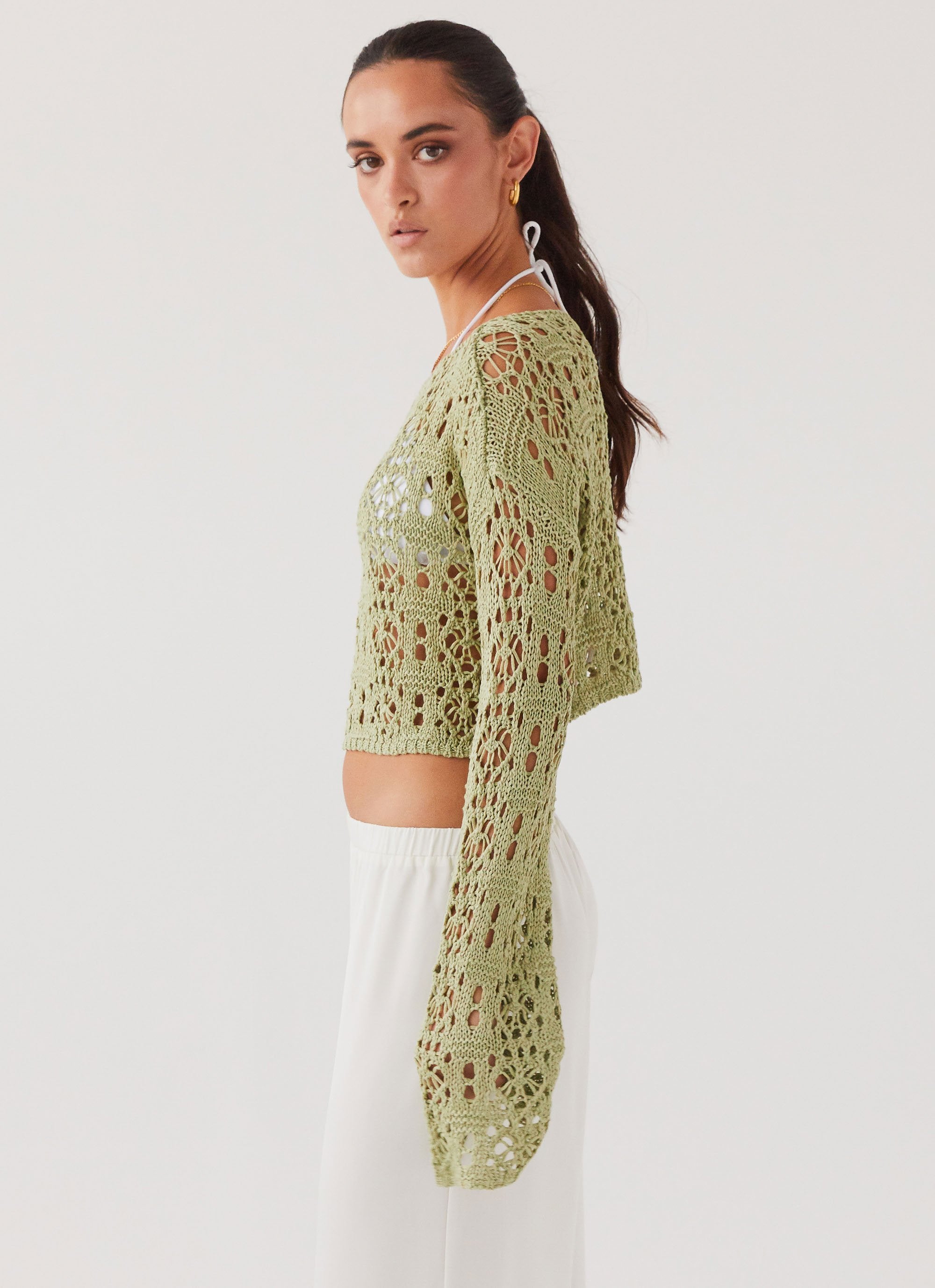 Free Mind Crochet Long Sleeve Top - Light Olive