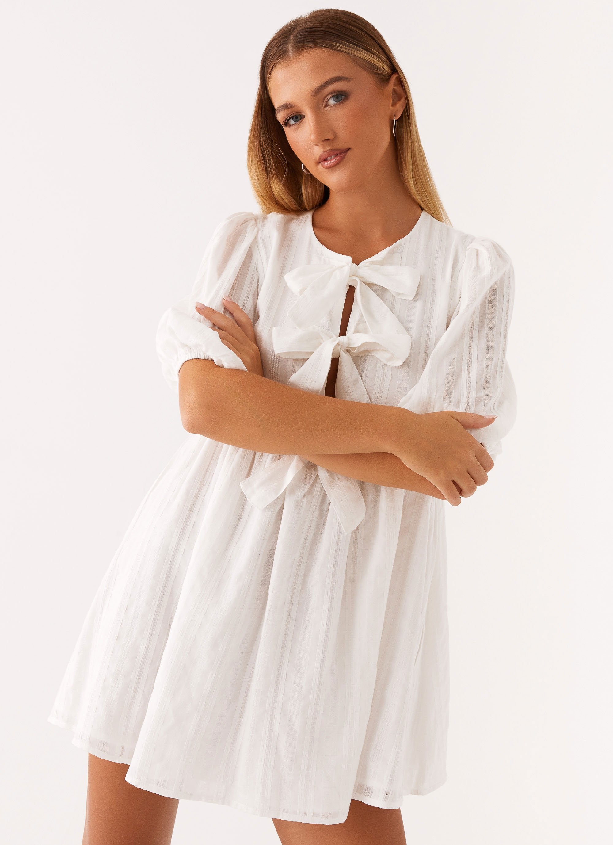 Western Wind Tie Mini Dress - White