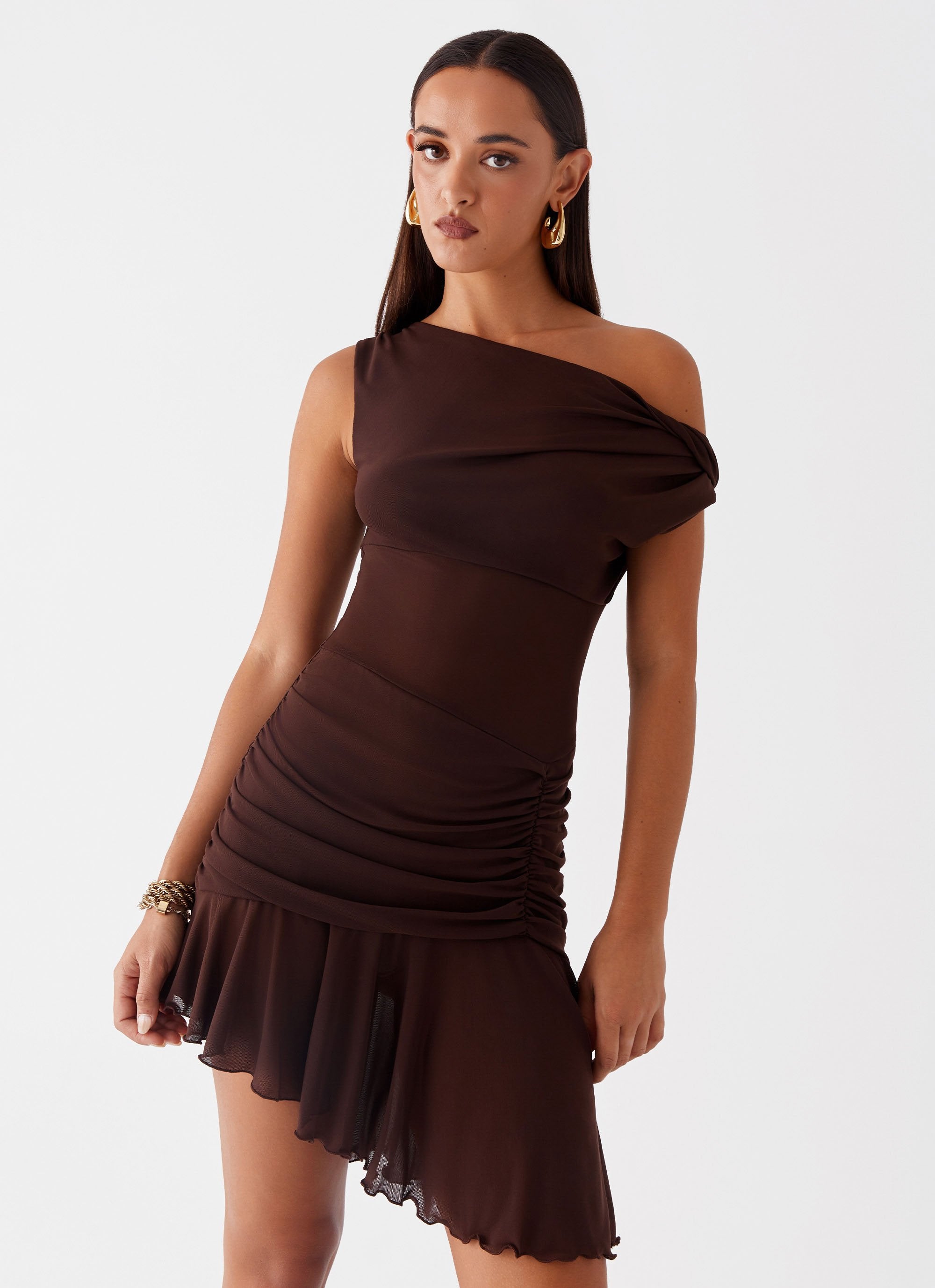 Fernleigh One Shoulder Mini Dress - Chocolate