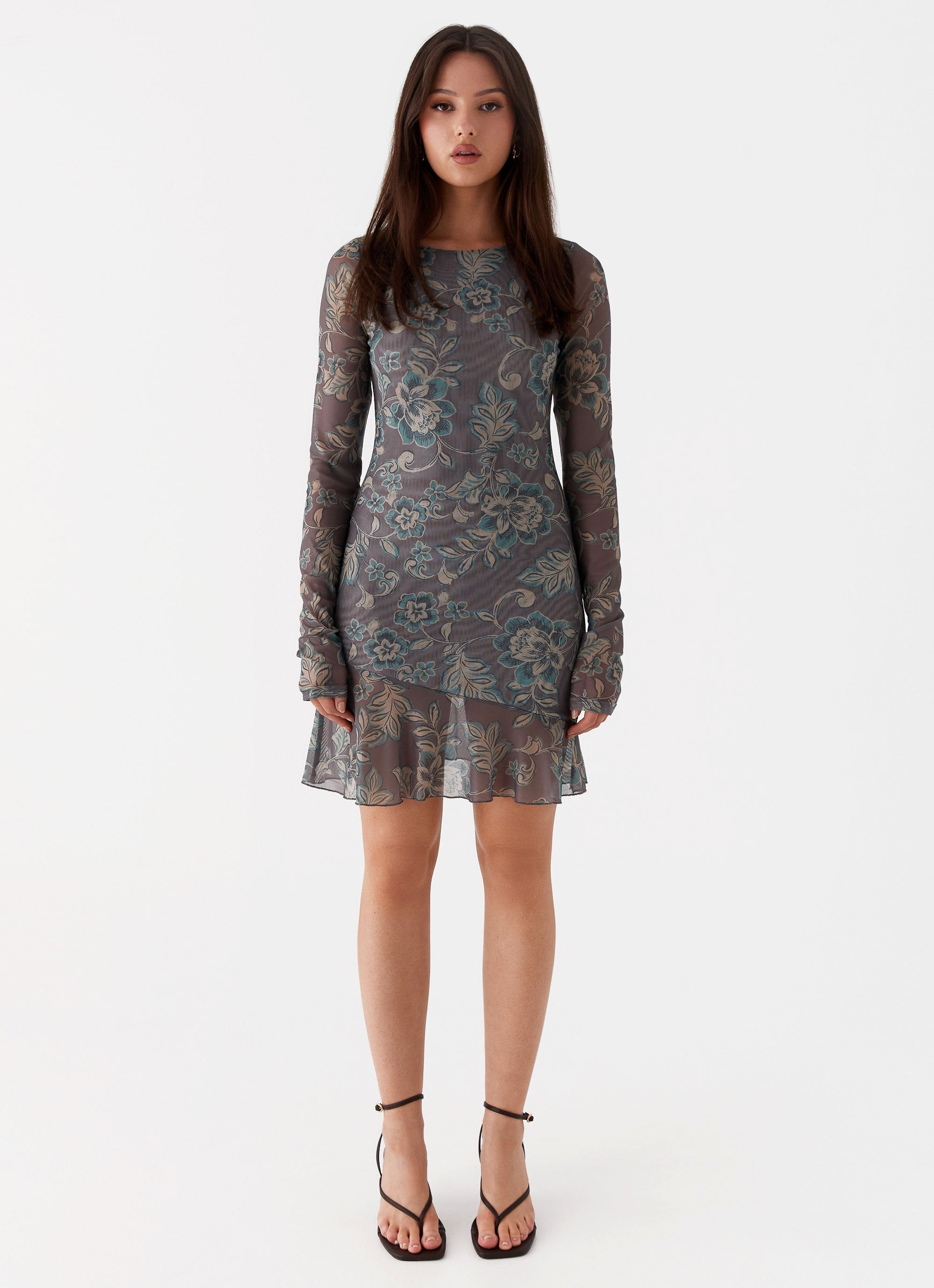 Ines Long Sleeve Mini Dress - Brown Floral