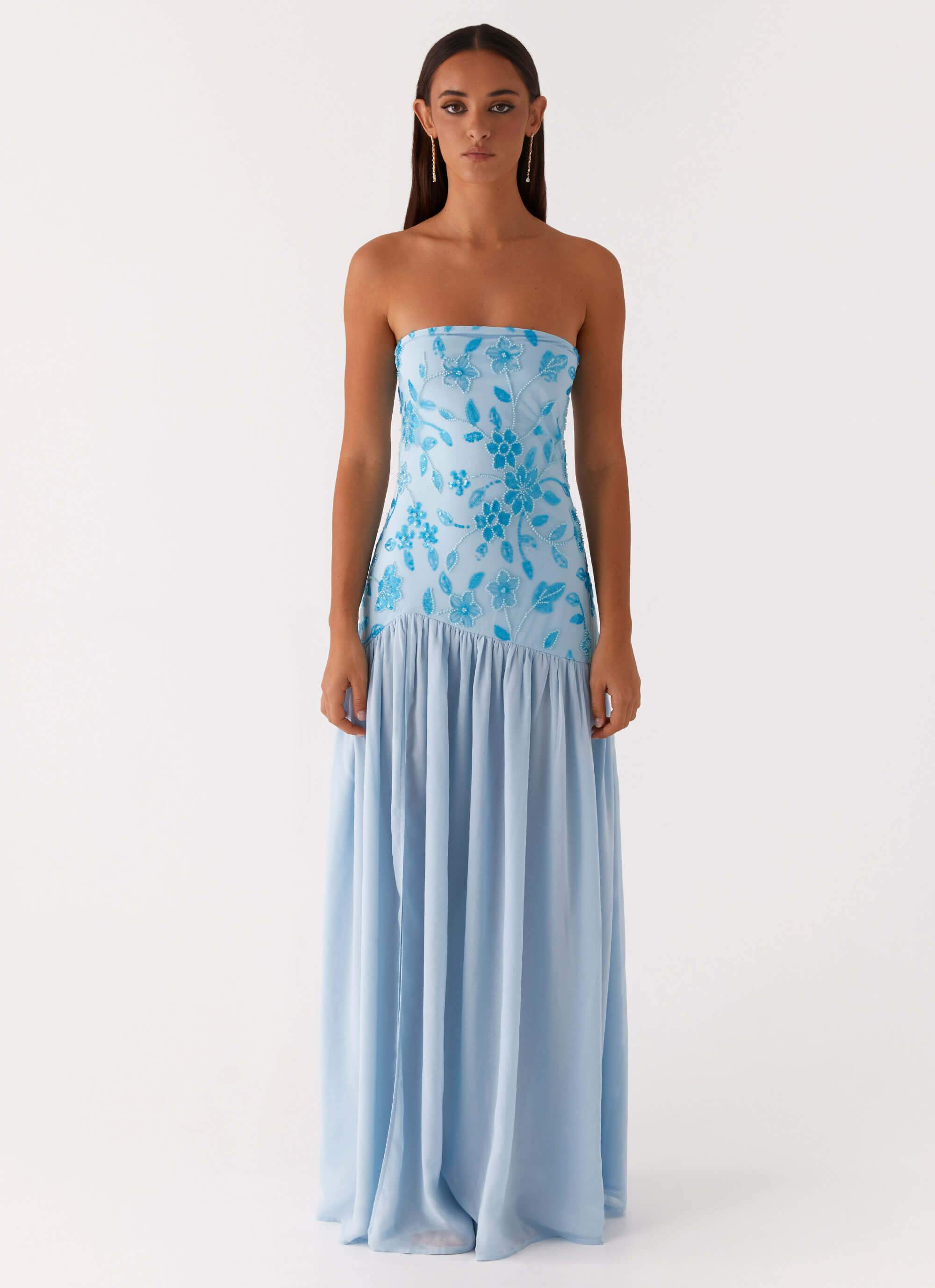 Eden Strapless Beaded Maxi Dress - Blue