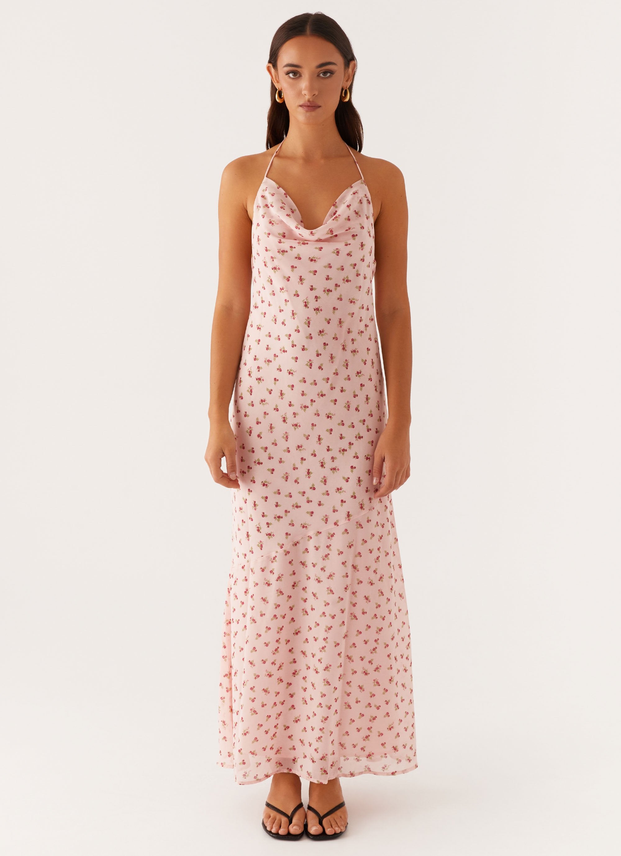 Alianna Cowl Neck Mesh Maxi Dress - Pink Flower