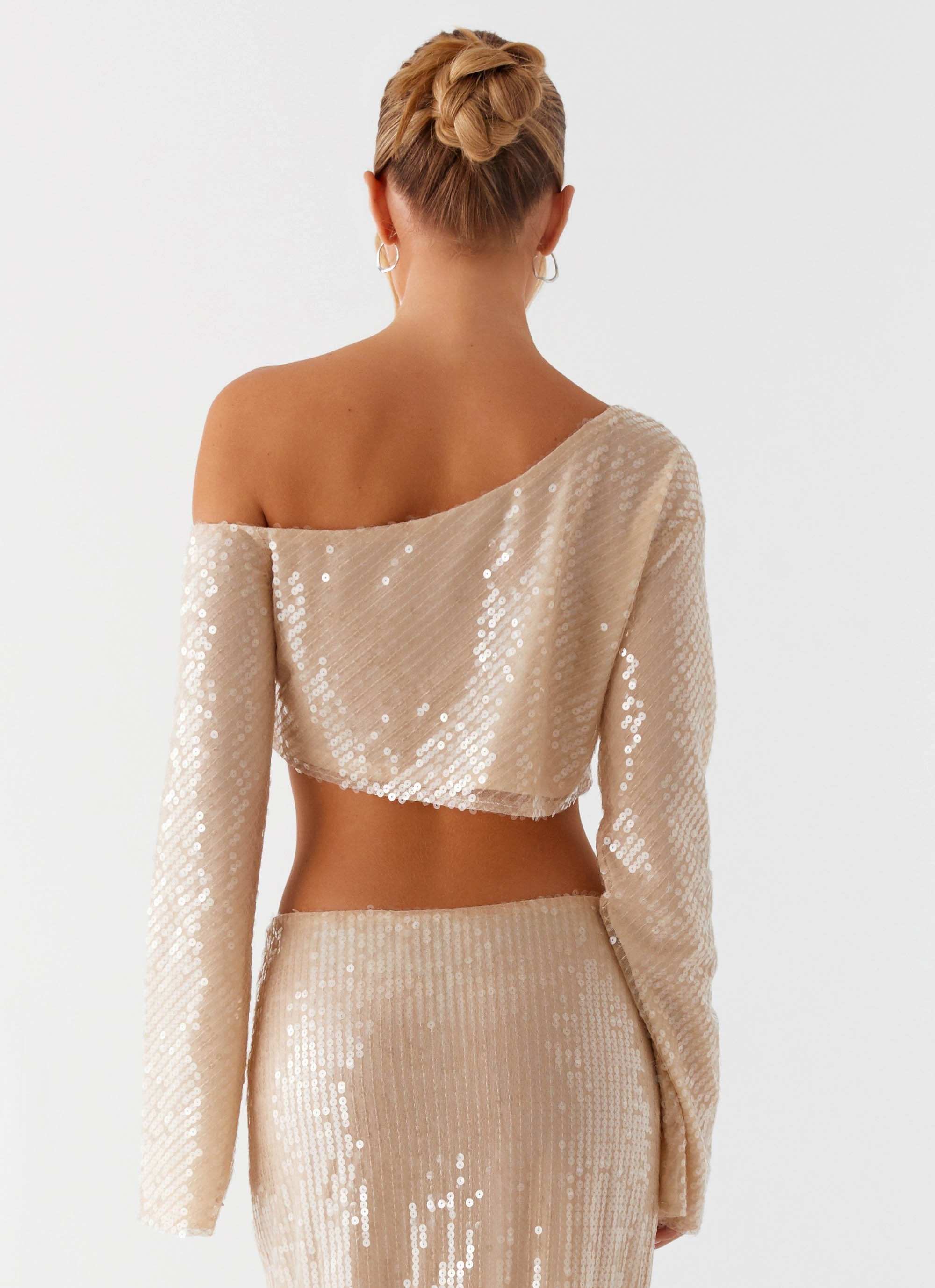 Wisteria Off Shoulder Long Sleeve Sequin Top - Champagne