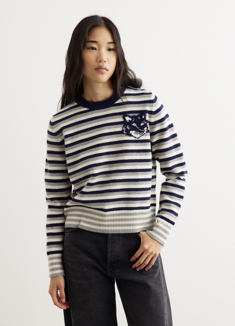 Fox Head Intarsia Striped Regular Jumper