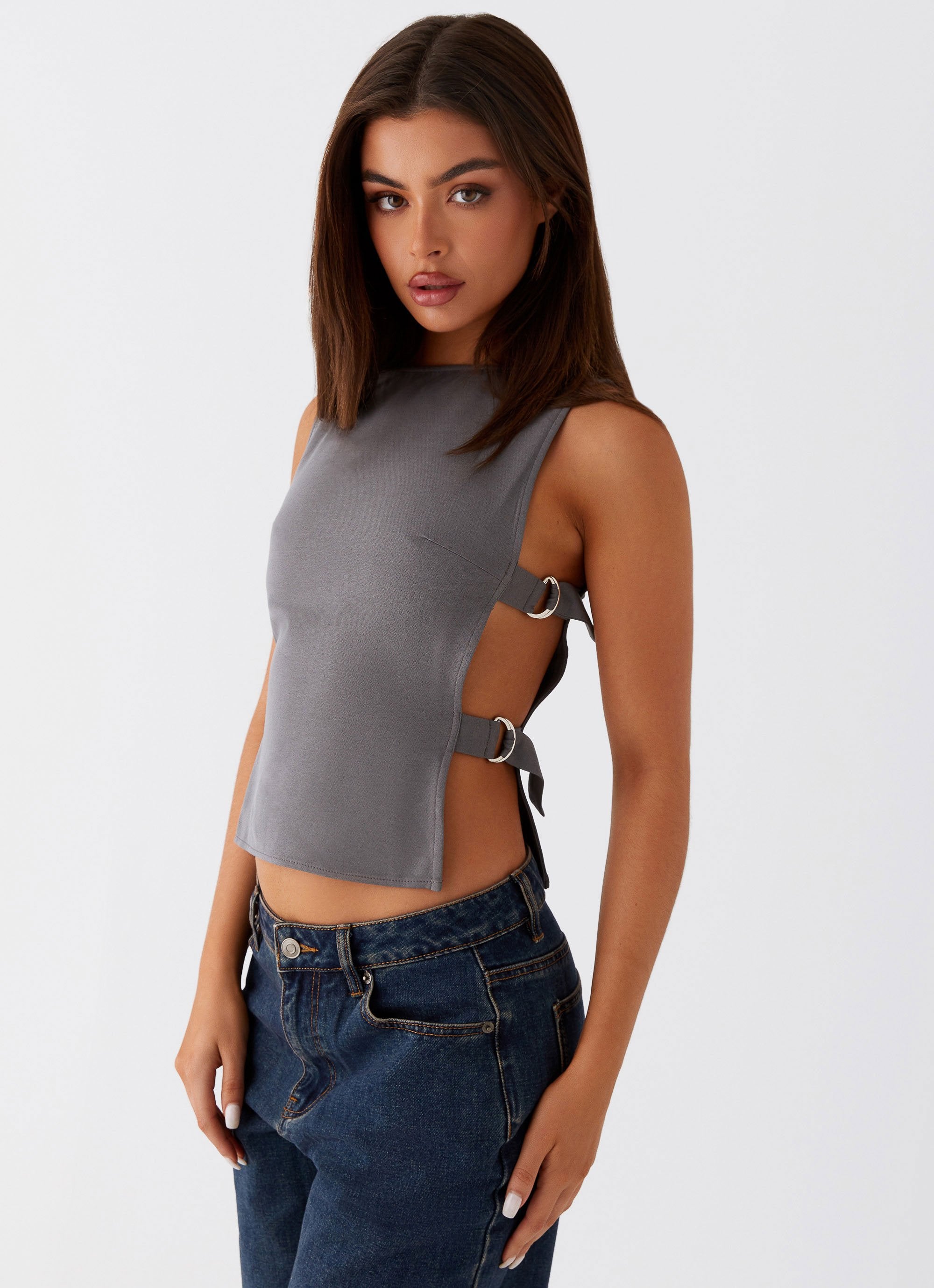 Cherish You Buckle Top - Charcoal