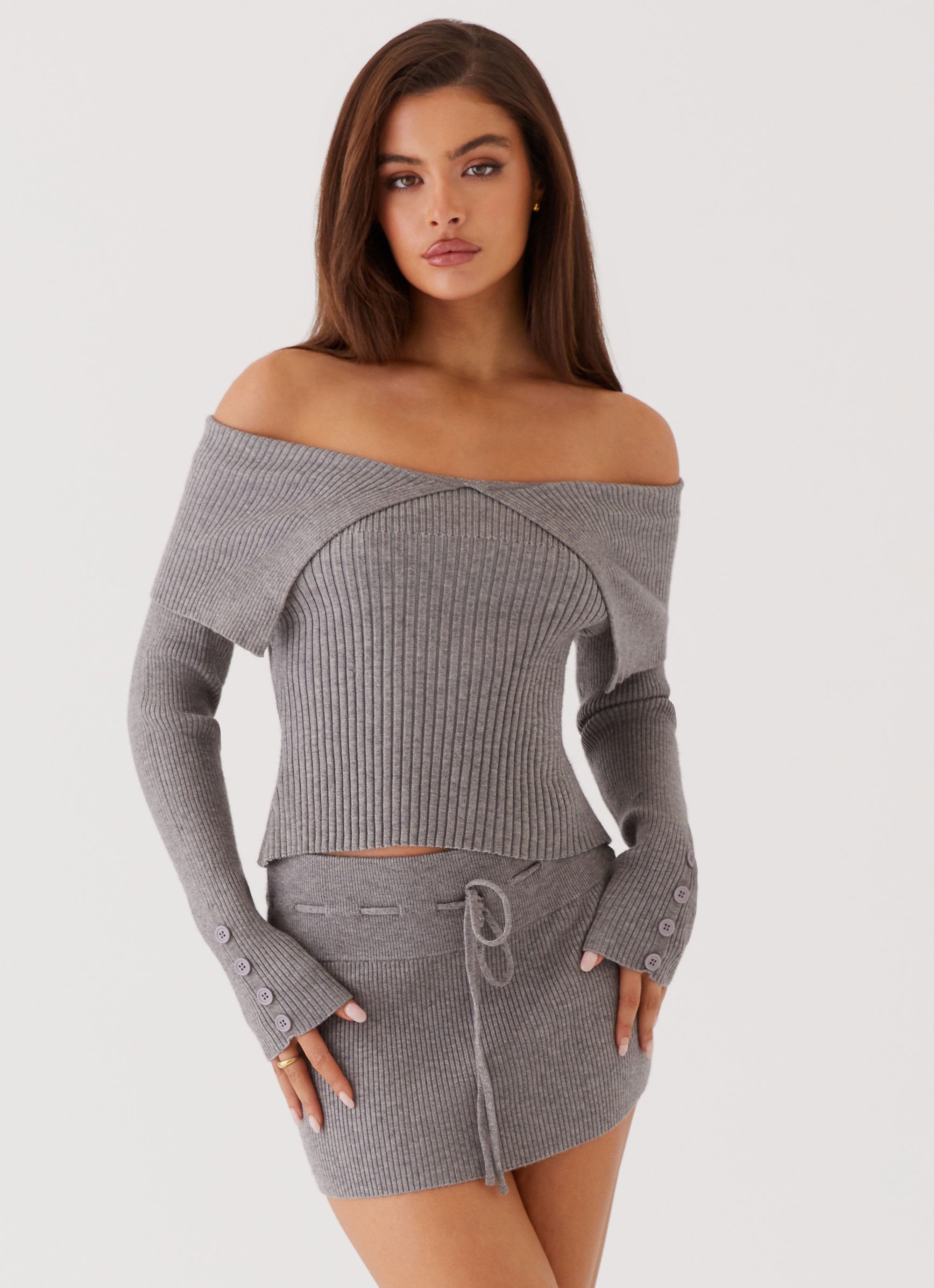 Frankie Arrow Knit Long Sleeve Top - Charcoal