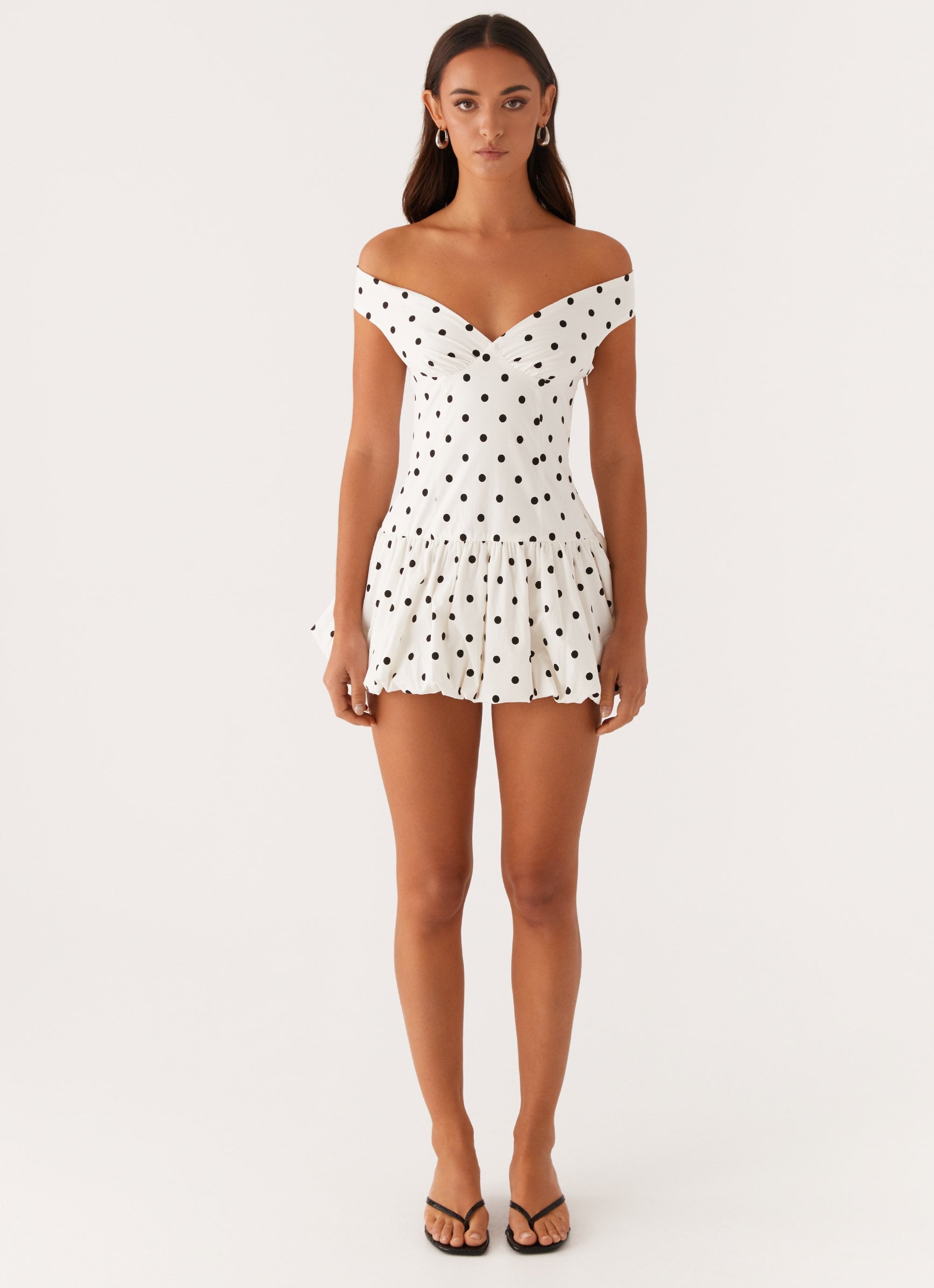 Endless Romance Off Shoulder Mini Dress - White Polka Dot