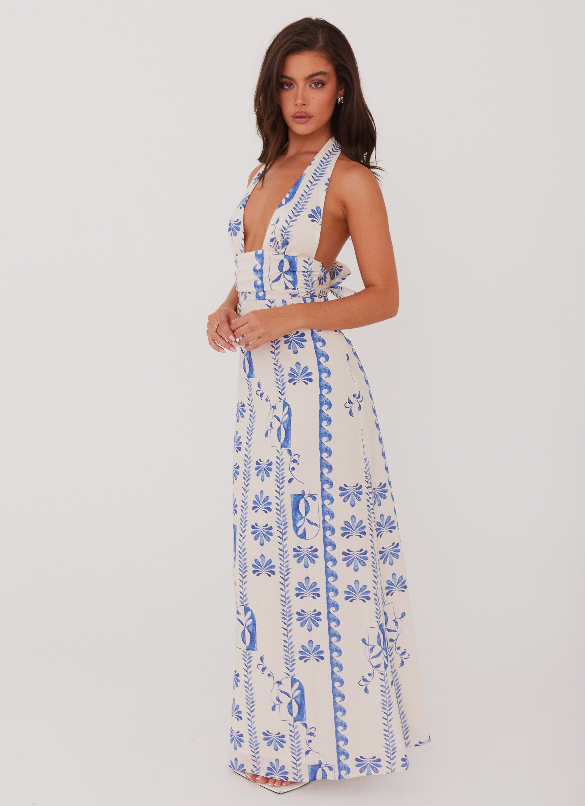 Sky Linen Maxi Dress - Floral Wave