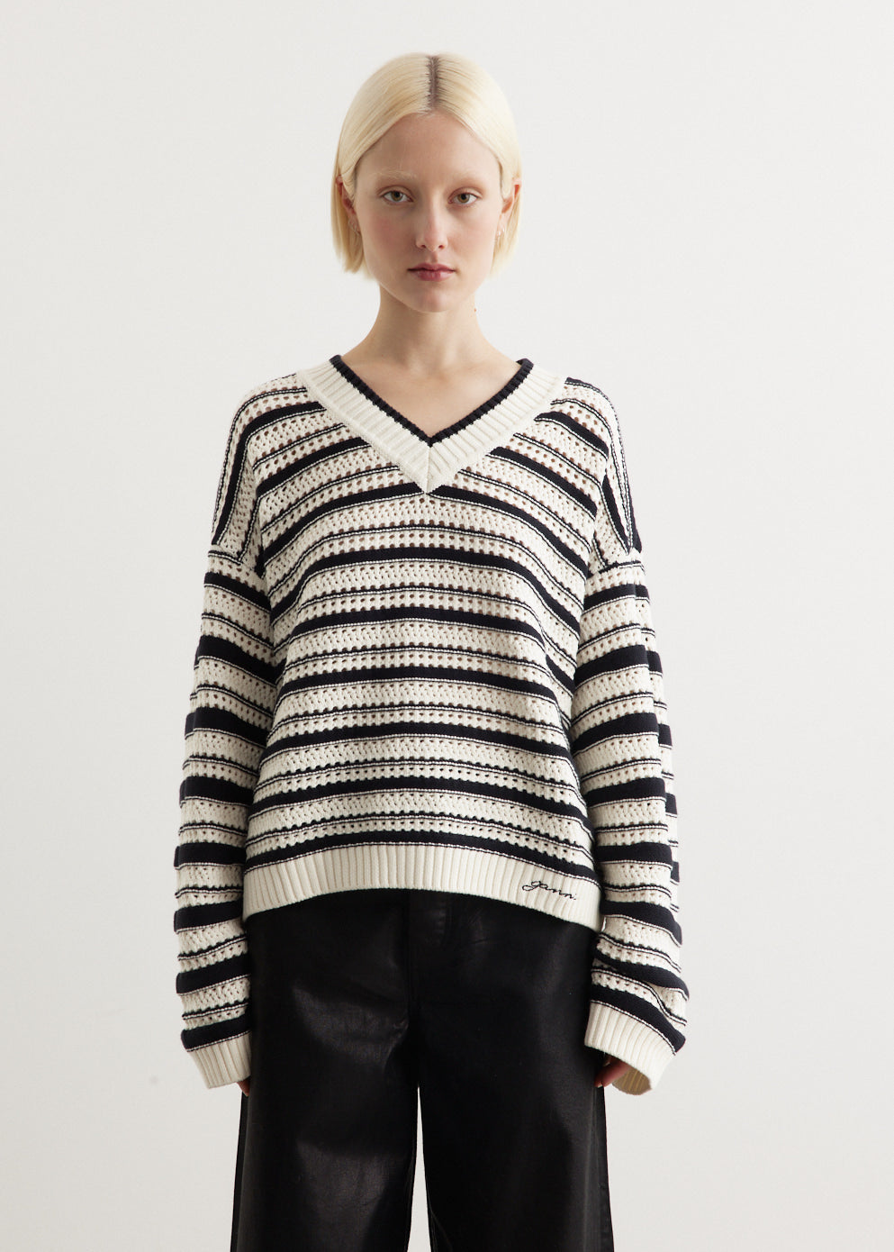 Striped Cotton Pointelle V-Neck