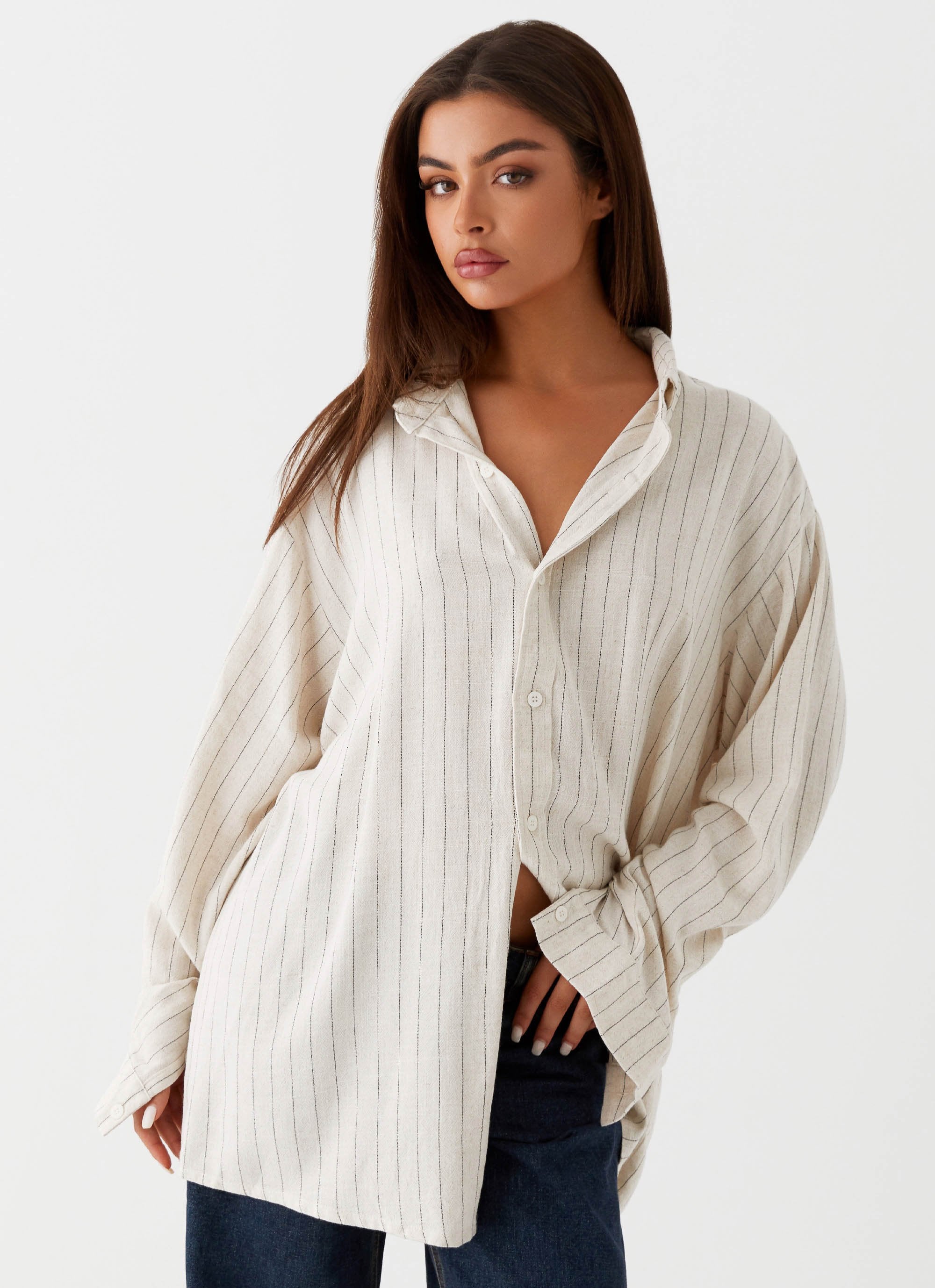 Lockie Oversized Linen Shirt - Oat Pinstripe