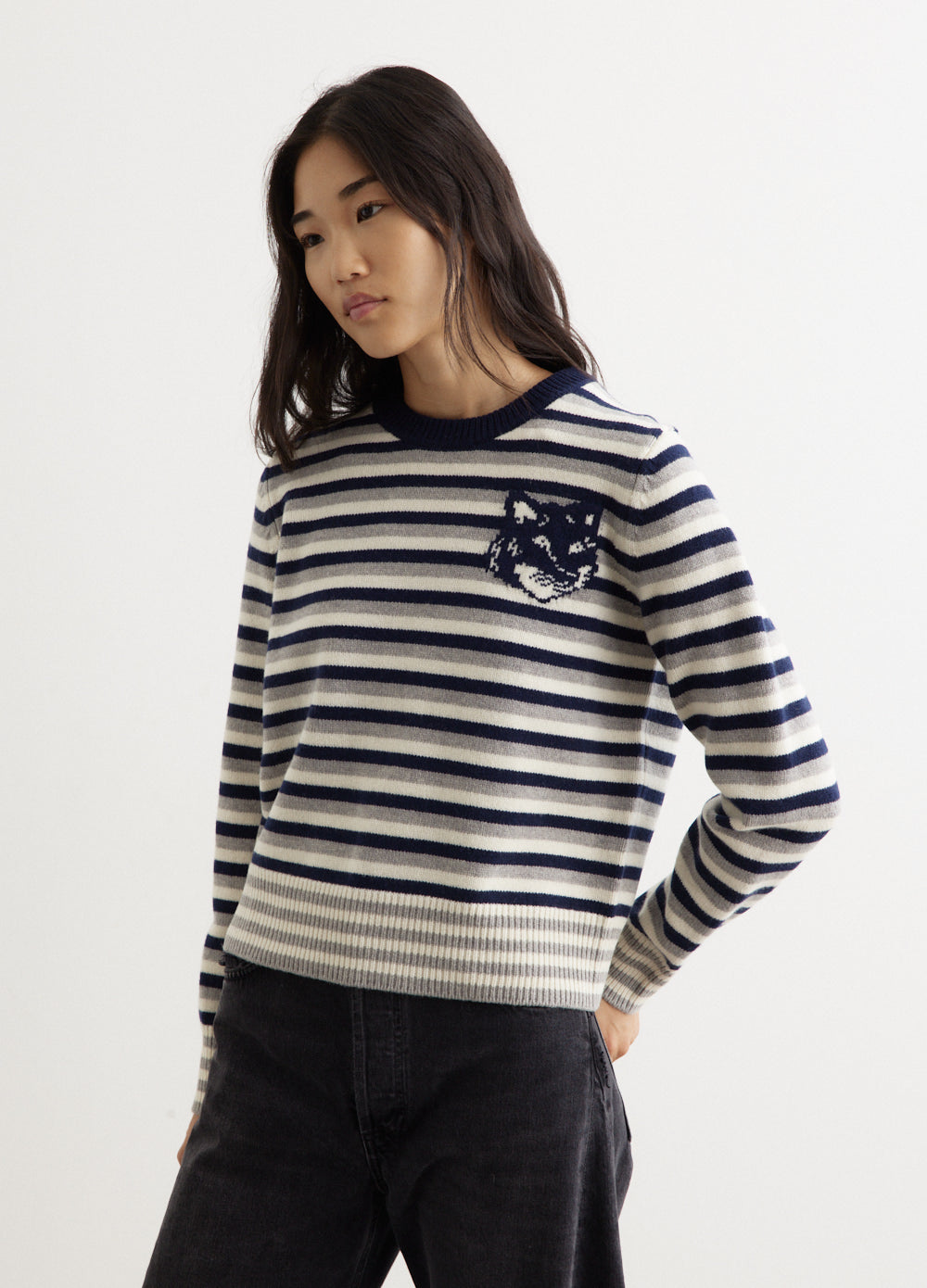 Fox Head Intarsia Striped Regular Jumper