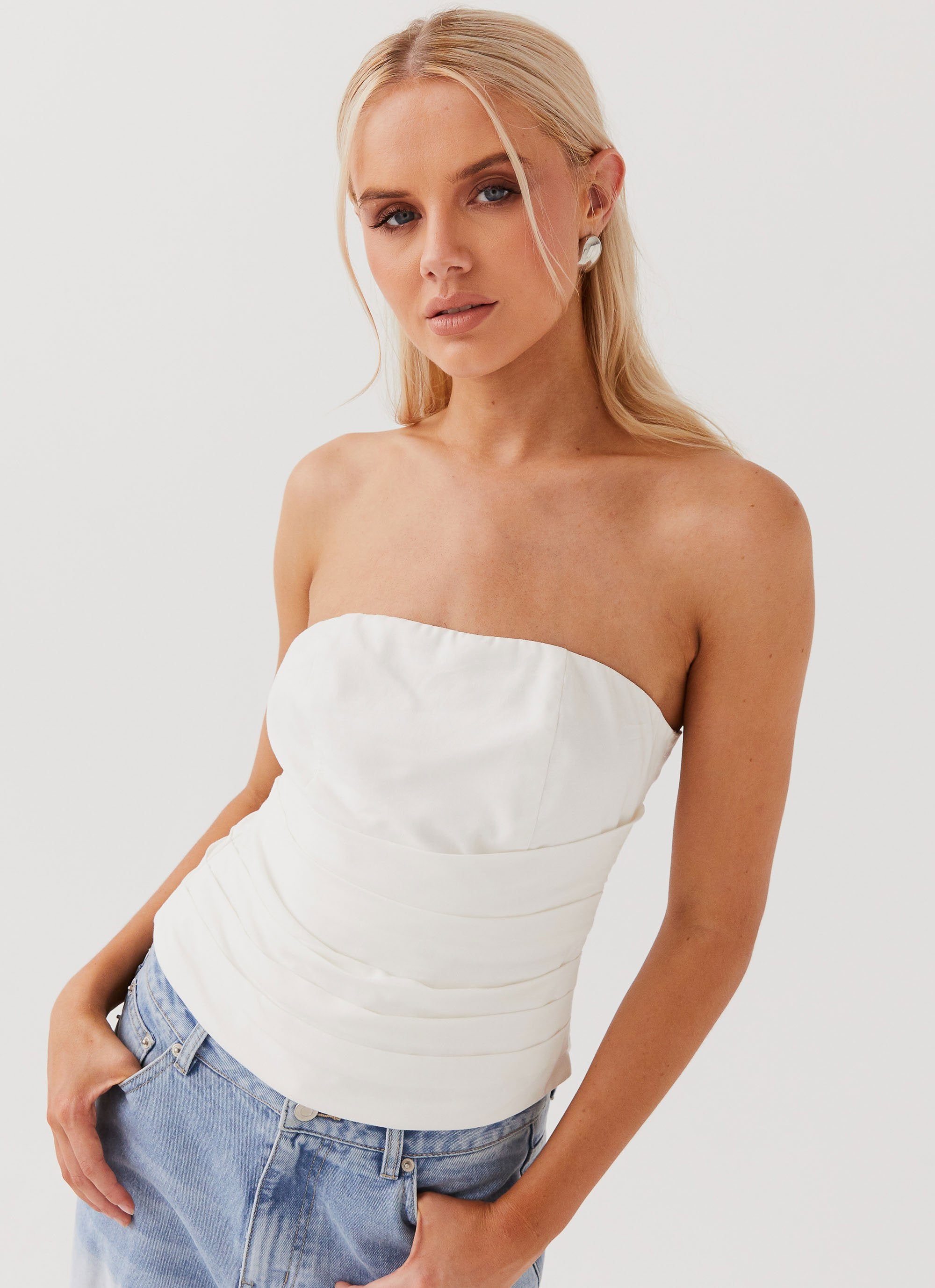 Hidden Road Linen Pleated Corset - White