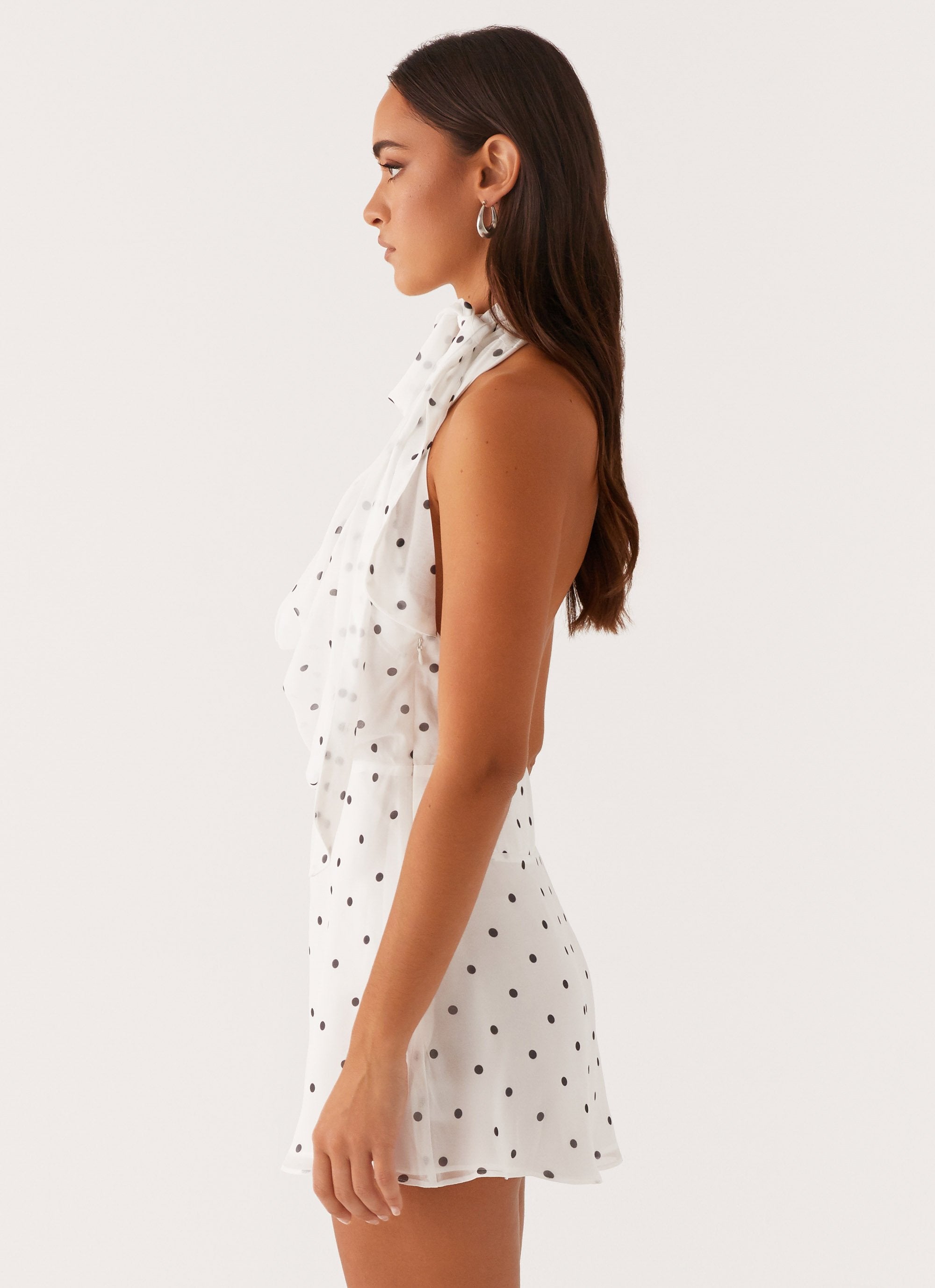 Avalia Backless Scarf Mini Dress - White Polka Dot