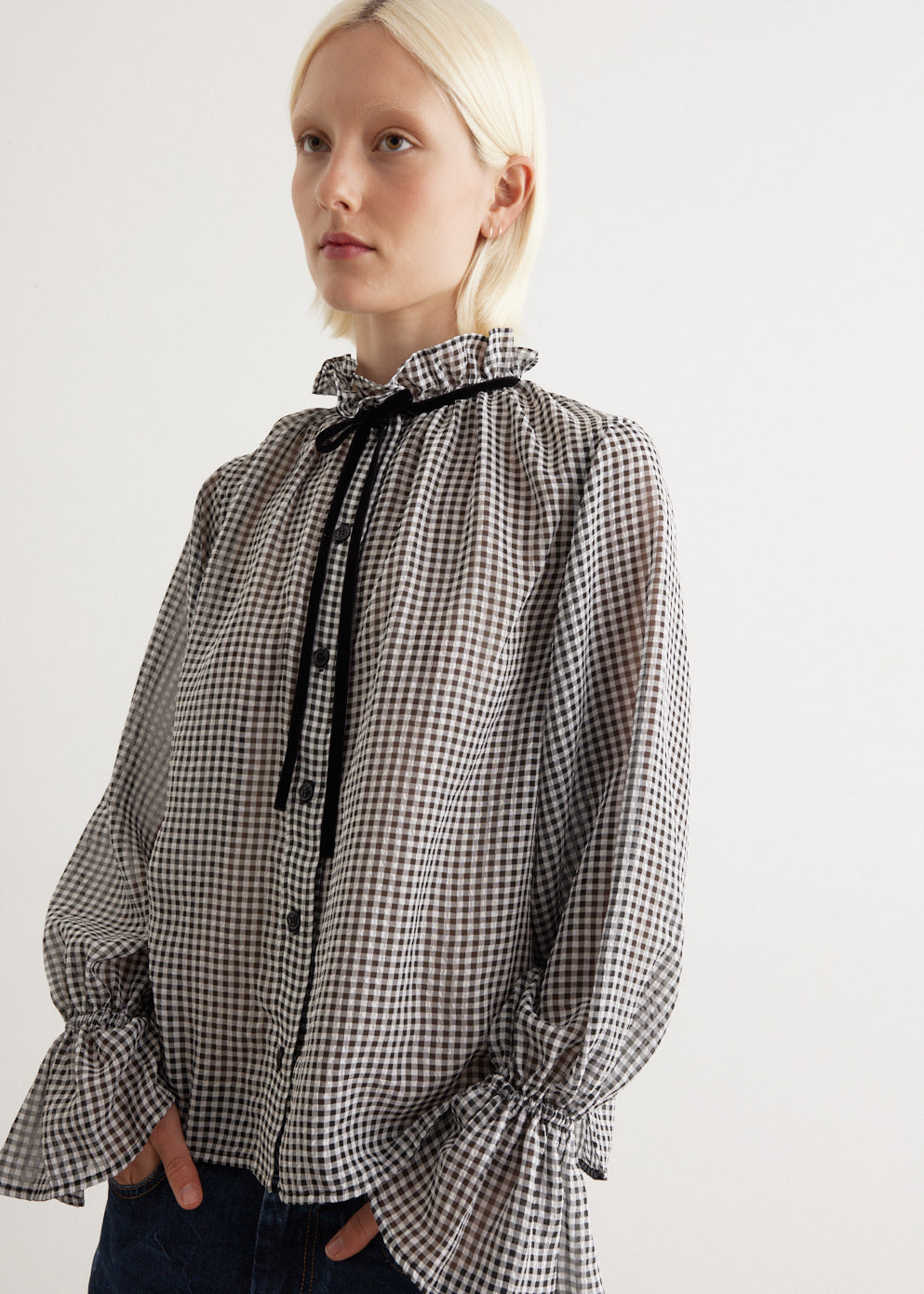 Sheer Fluid Check Tie String Shirt