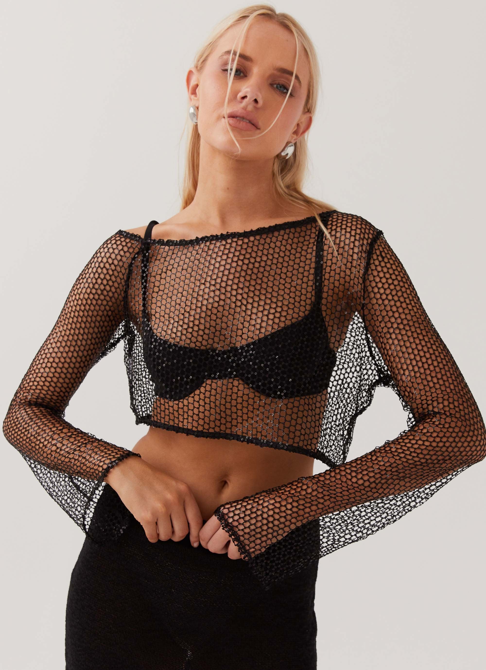 Zali Sequin One Shoulder Net Top - Black