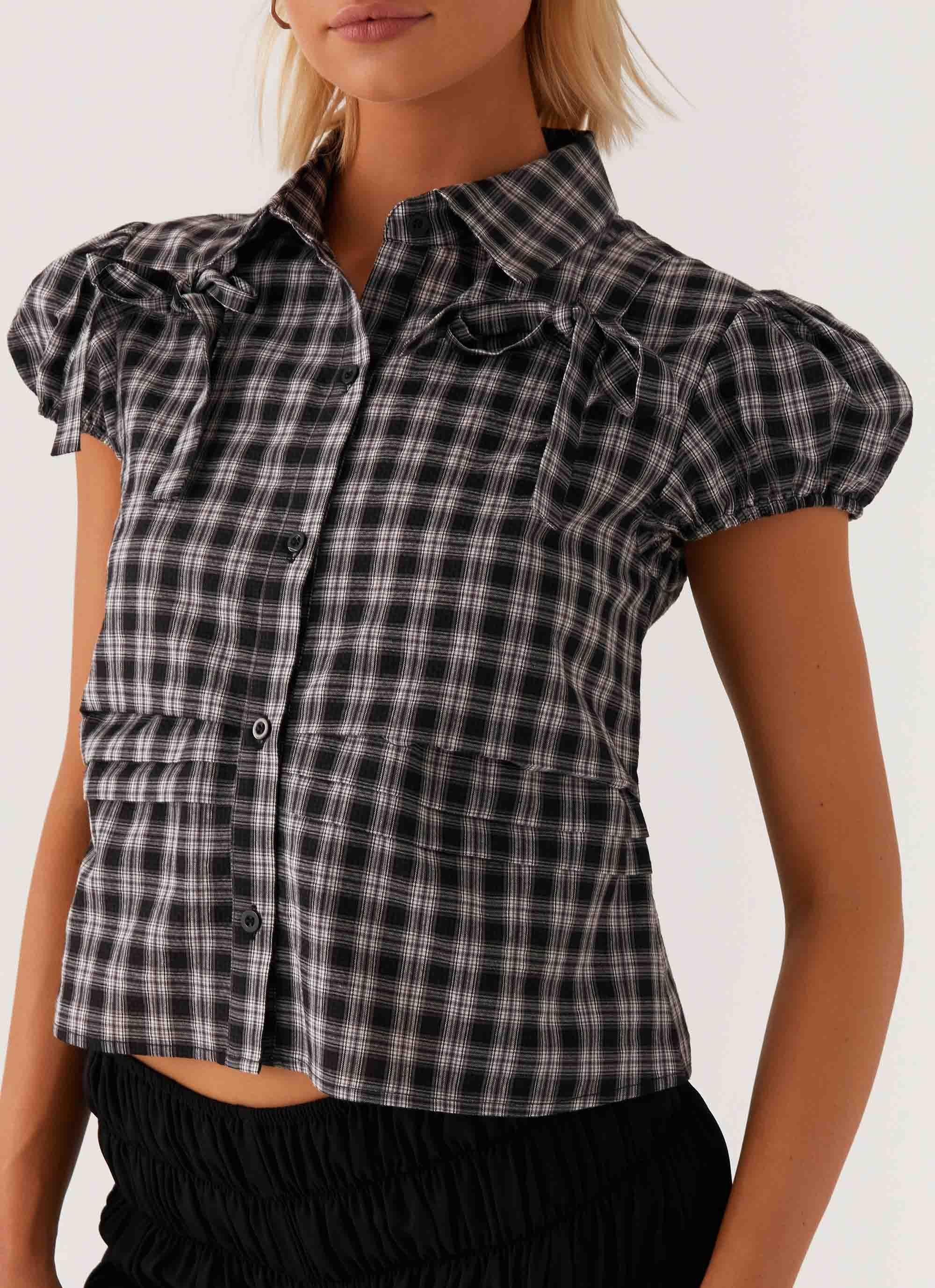 Lorraine Puff Sleeve Top - Black White Check