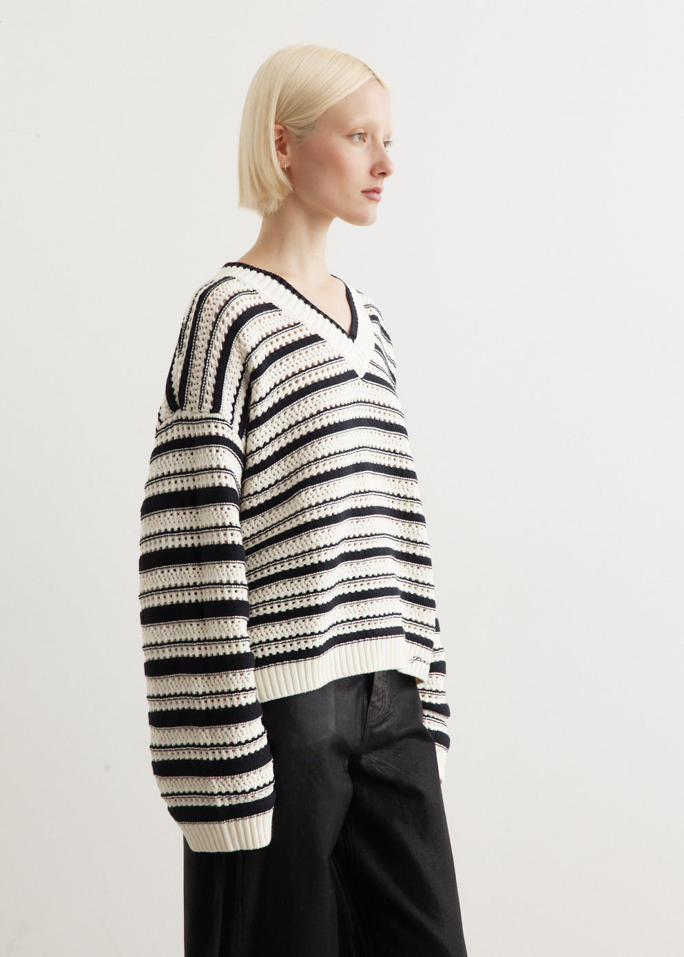 Striped Cotton Pointelle V-Neck