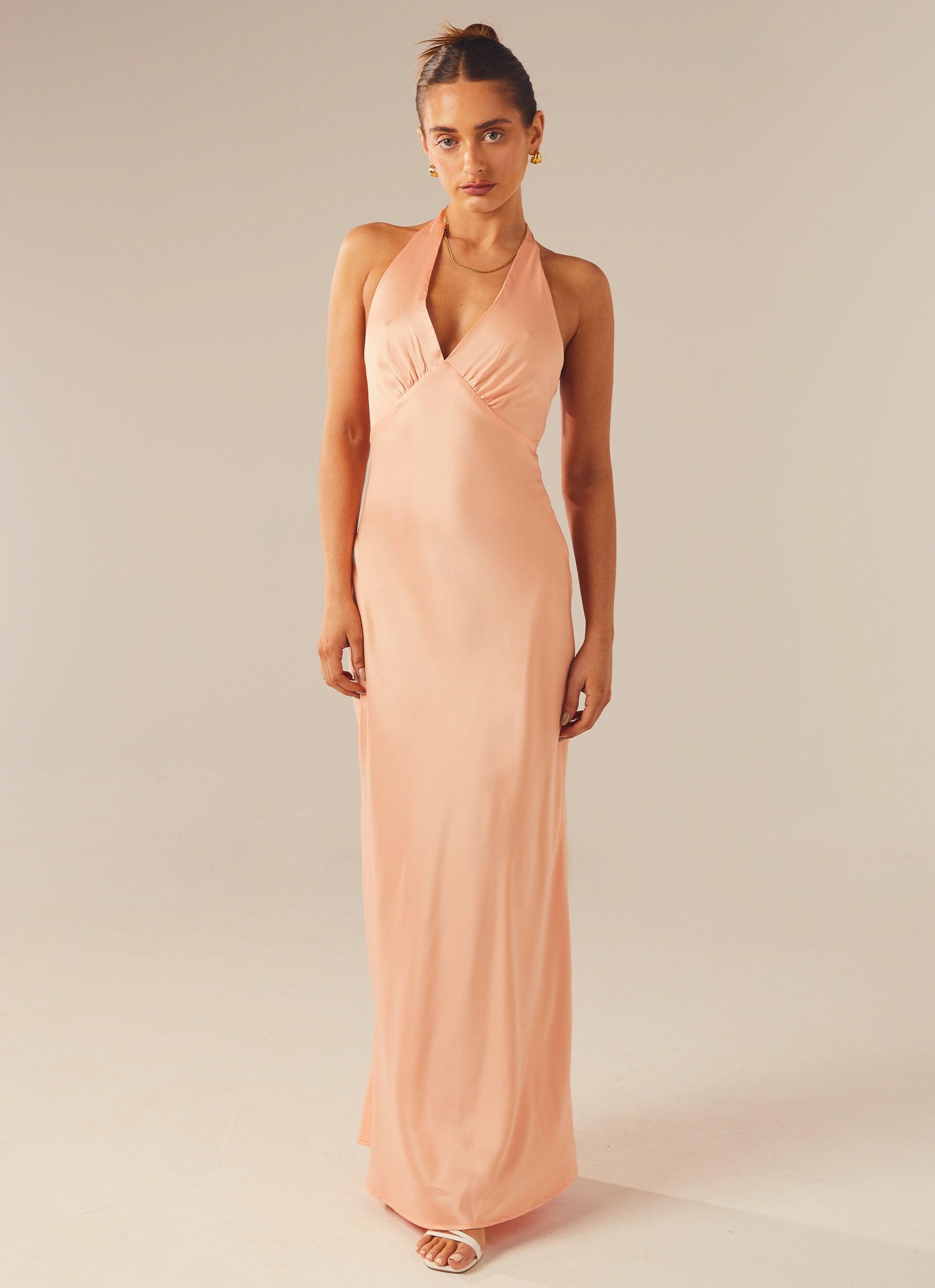 Heavy Hearted Satin Maxi Dress - Peach