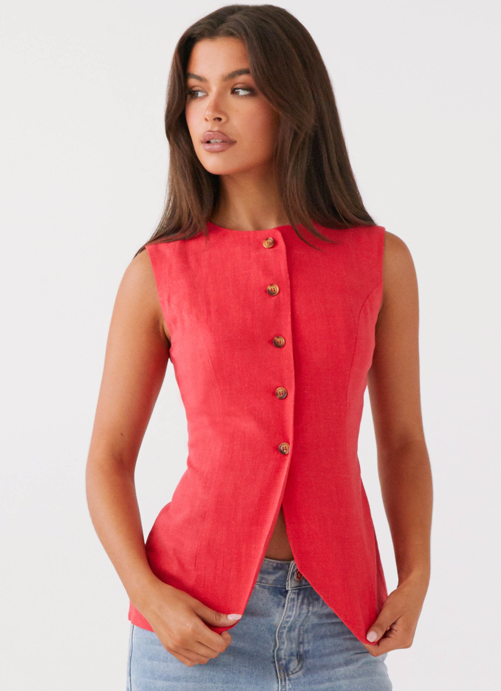 Born For Bordeaux Linen Vest - Poppy Red