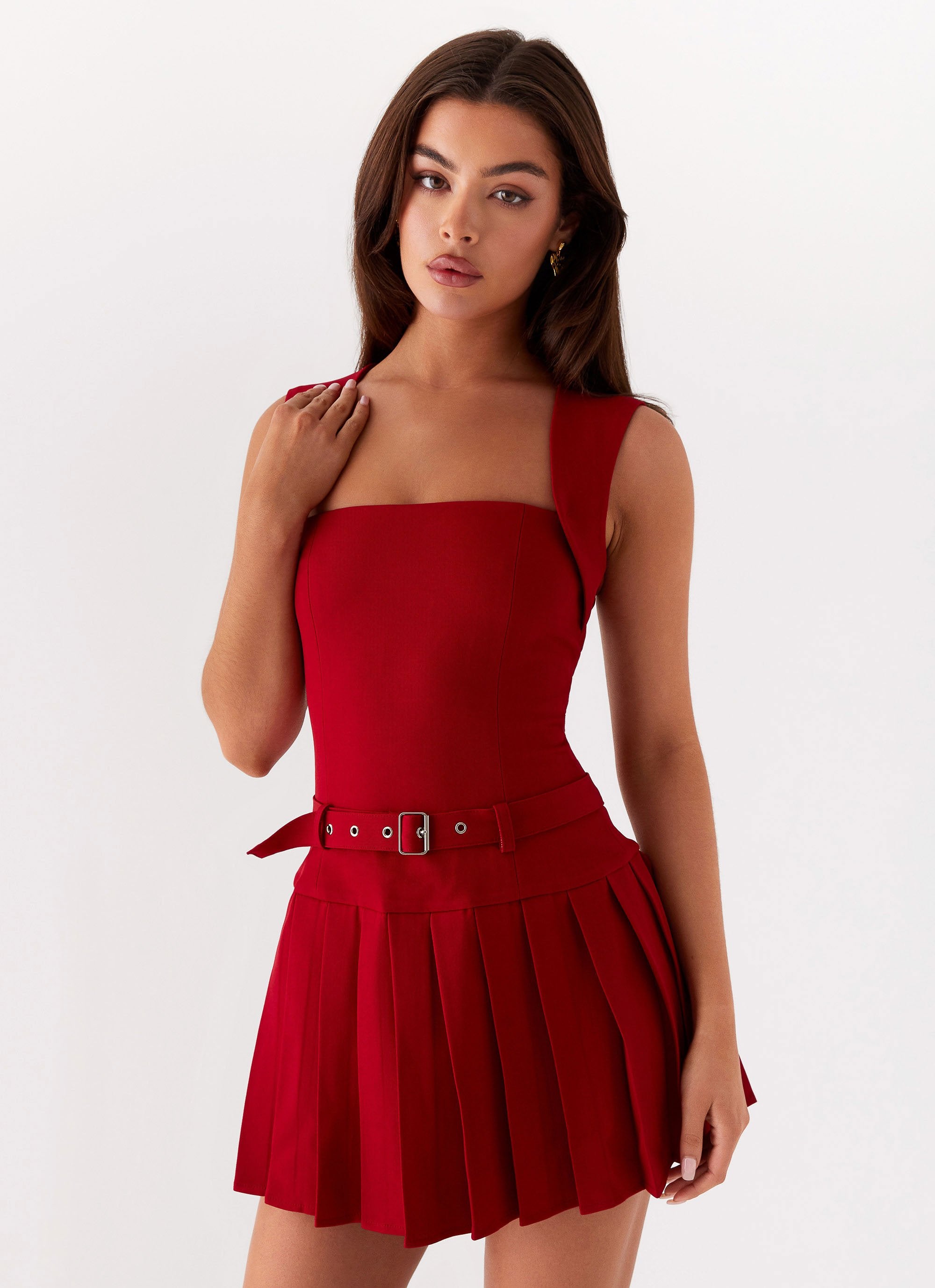 Justina Belted Mini Dress - Red