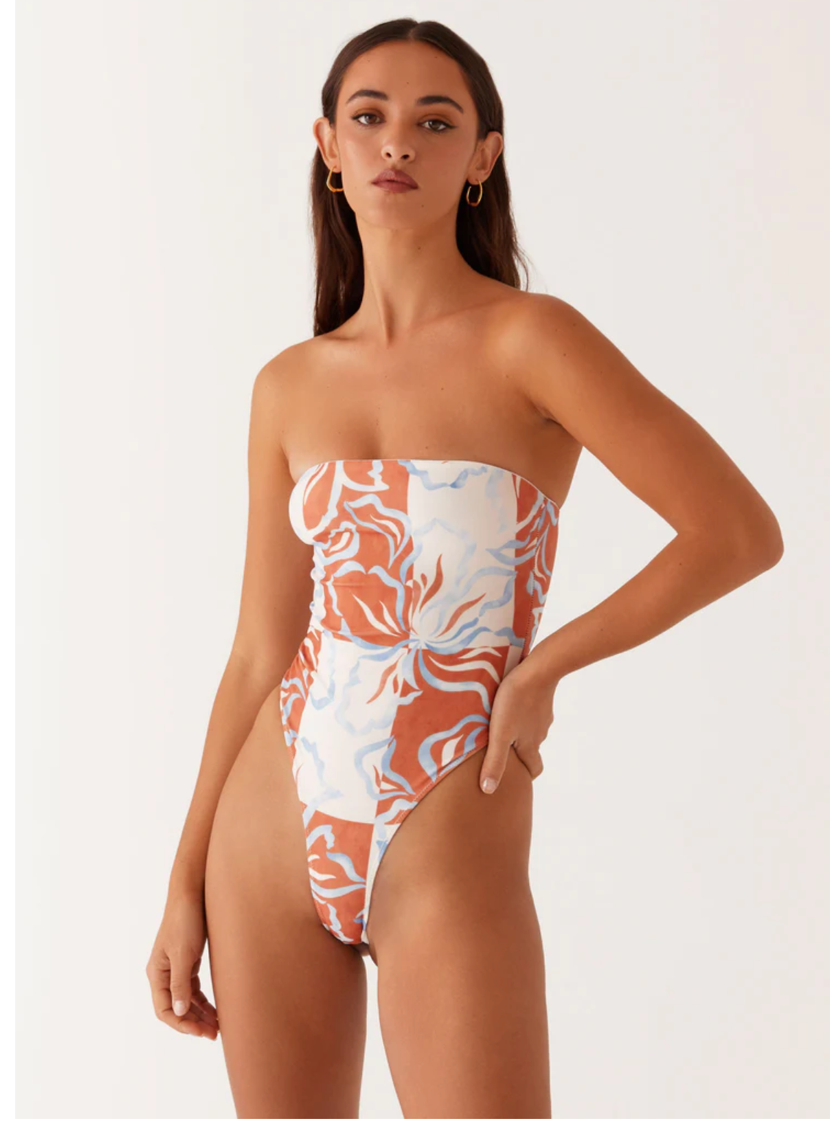 Maxine Strapless One Piece Swimsuit - Orange Blue Floral