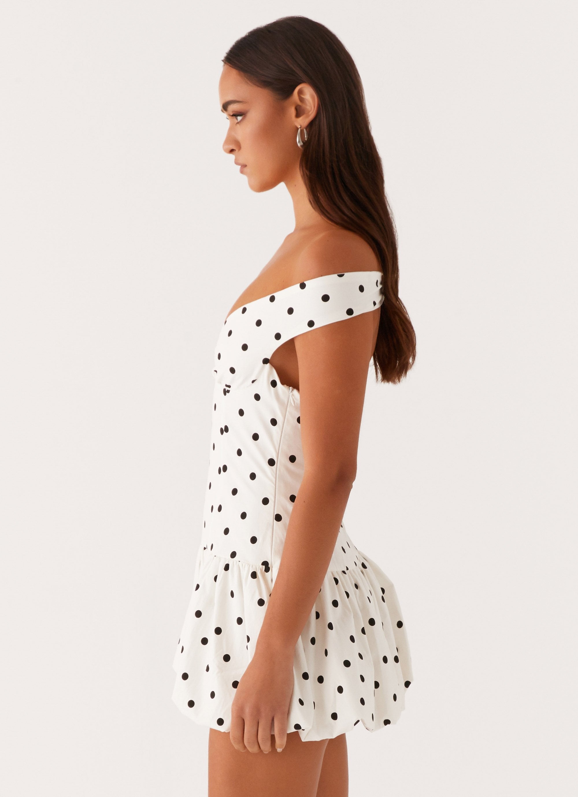 Endless Romance Off Shoulder Mini Dress - White Polka Dot