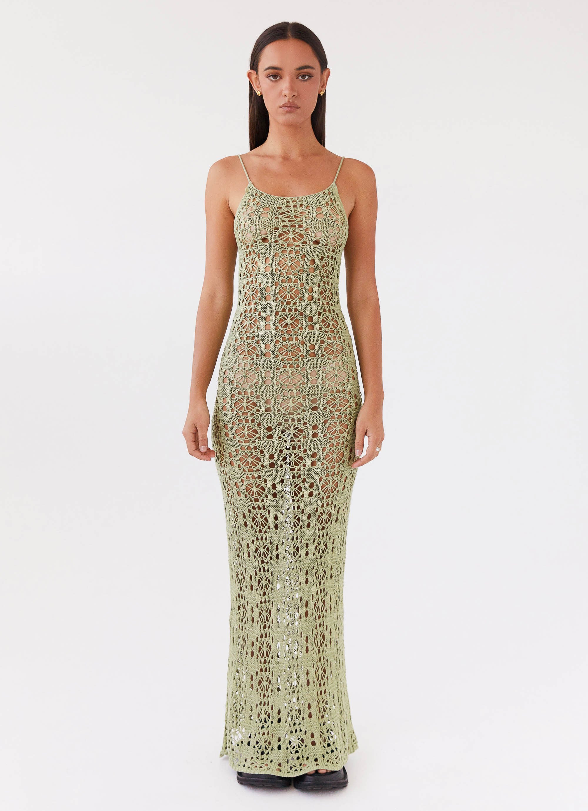 Luxora Crochet Maxi Cami Dress - Light Olive