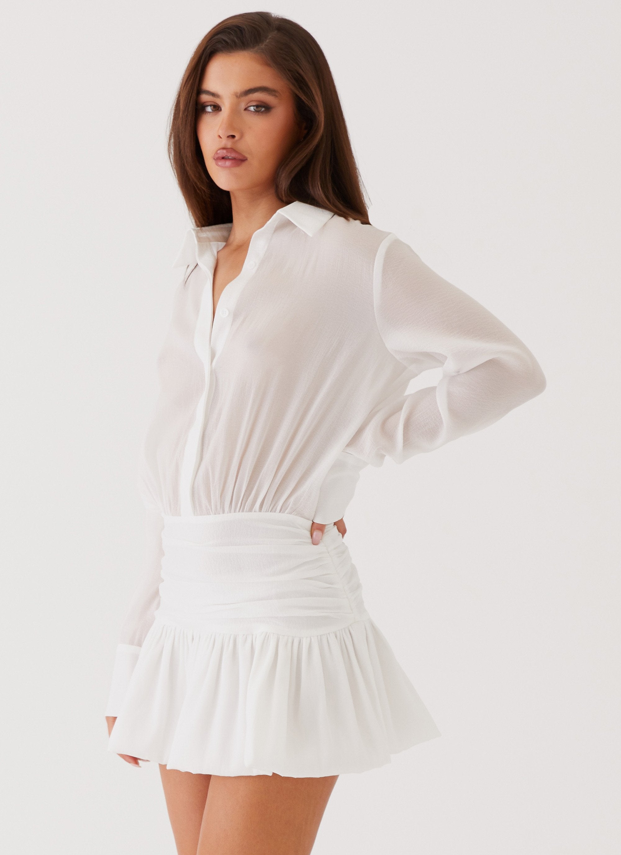 Rae Long Sleeve Shirt Dress - White