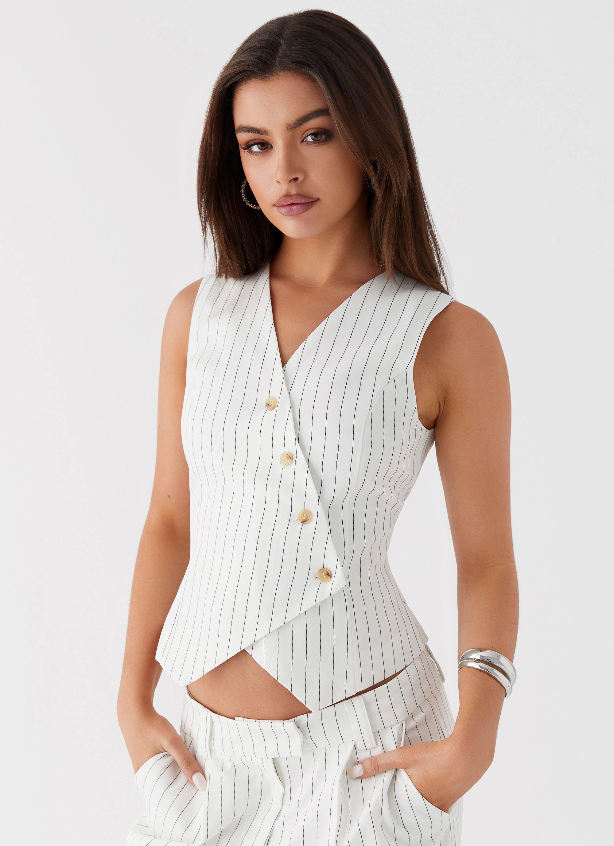 Kayla Vest Top - White Pinstripe