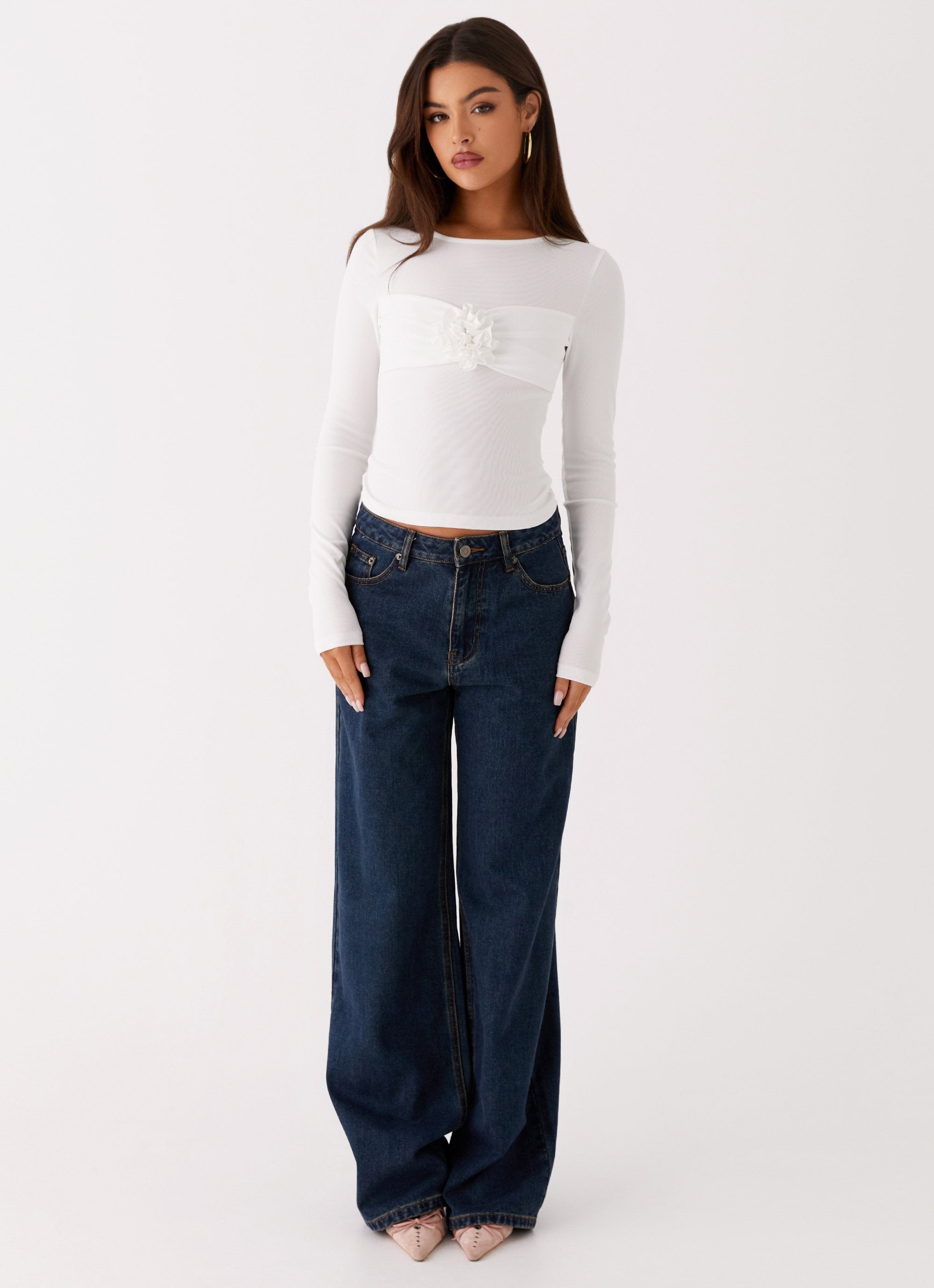 Jeyda Long Sleeve Rose Top - White