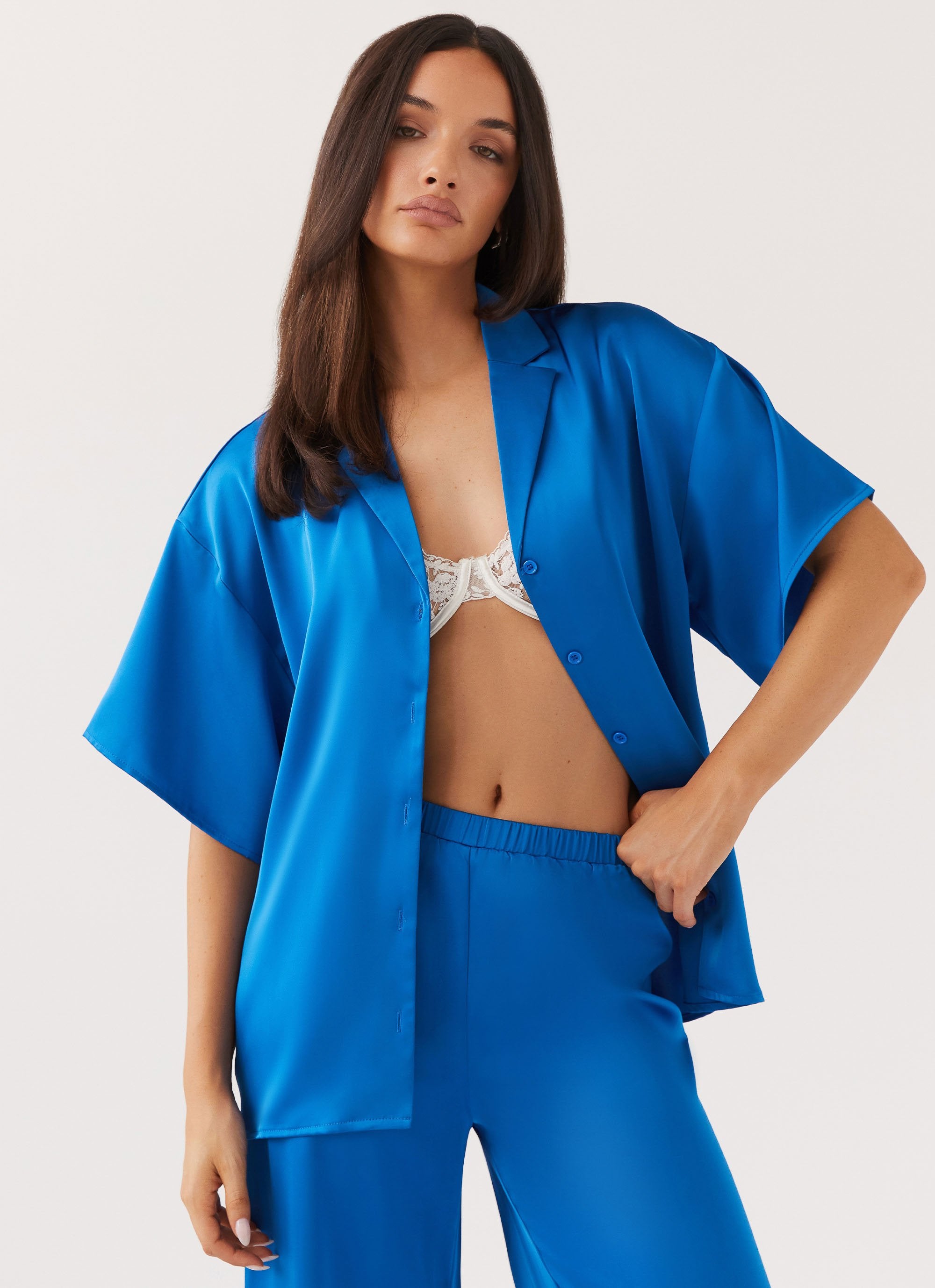 Palm Cove Satin Shirt - Cobalt