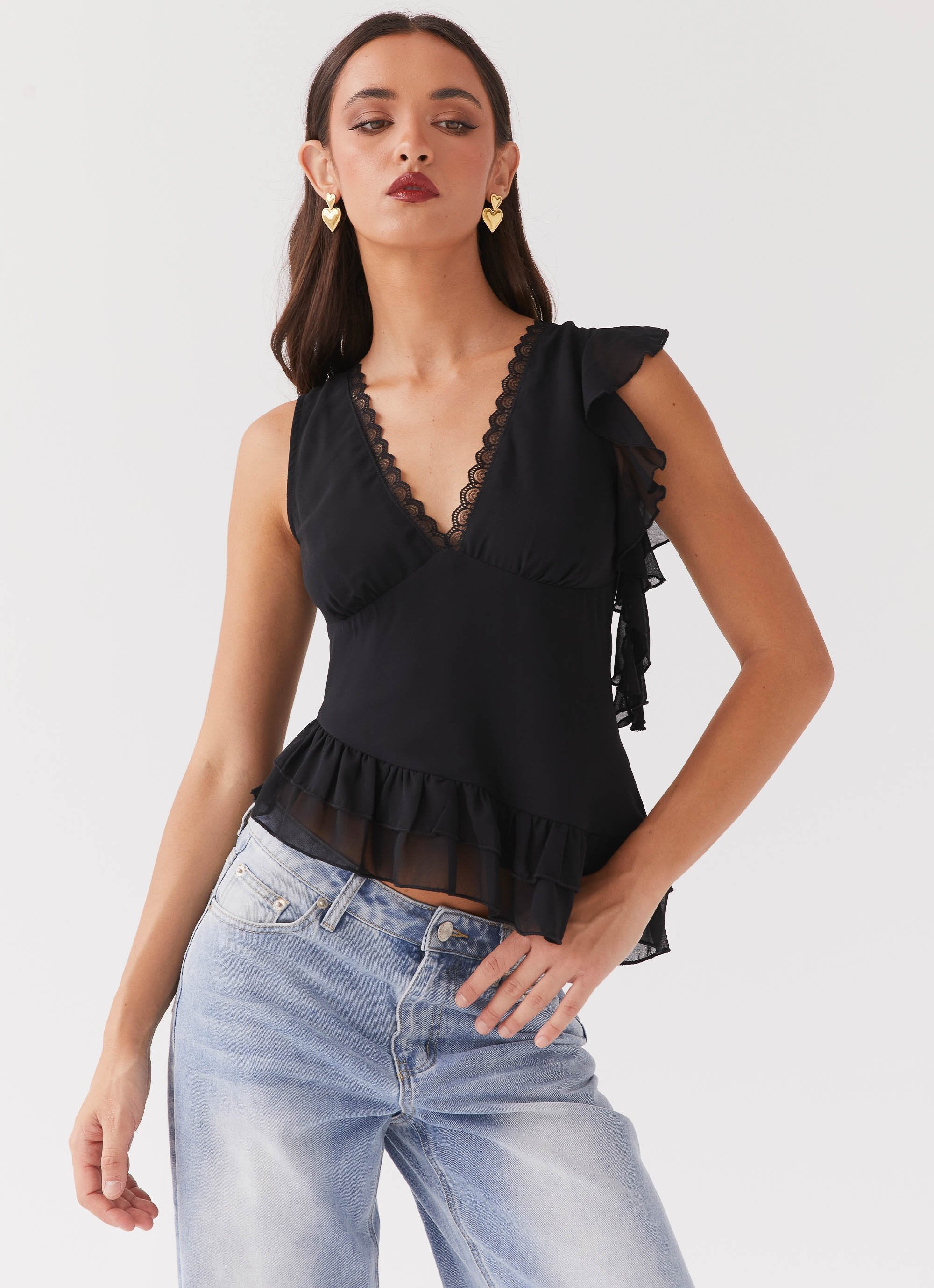 Empress Frill Trim Top - Black